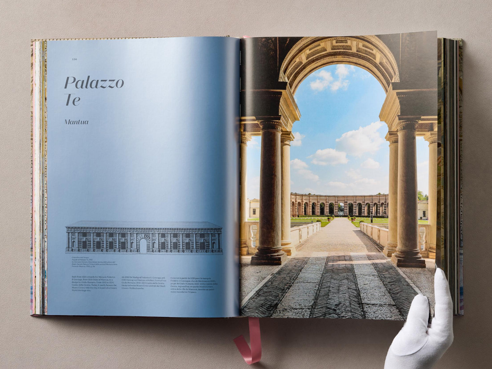 Palazzo Te spread showing a blue text page on the left and a sunlit arched colonnade courtyard on the right