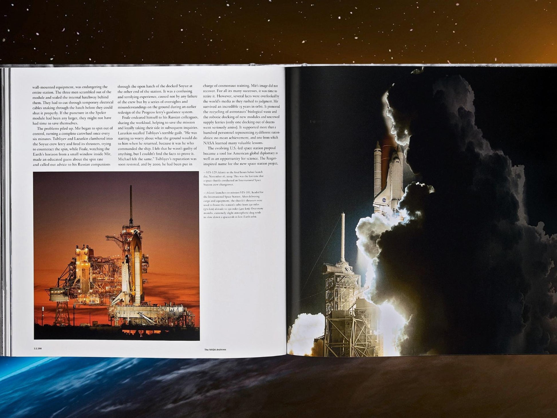Open spread with left page of text and a sunset photo of a rocket on a launchpad, and a tall rocket on the right page.