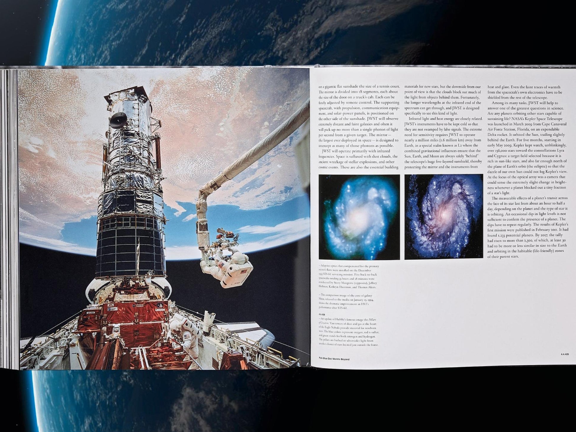 Open NASA Archives spread with a rocket structure on the left and text plus two galaxy images on the right.