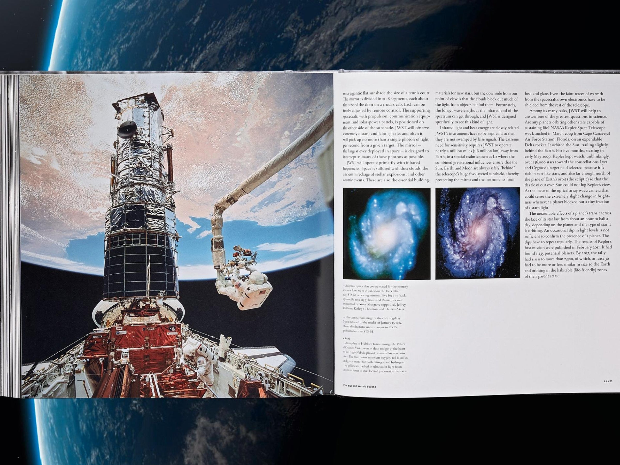 Open NASA Archives spread with a rocket structure on the left and text plus two galaxy images on the right.