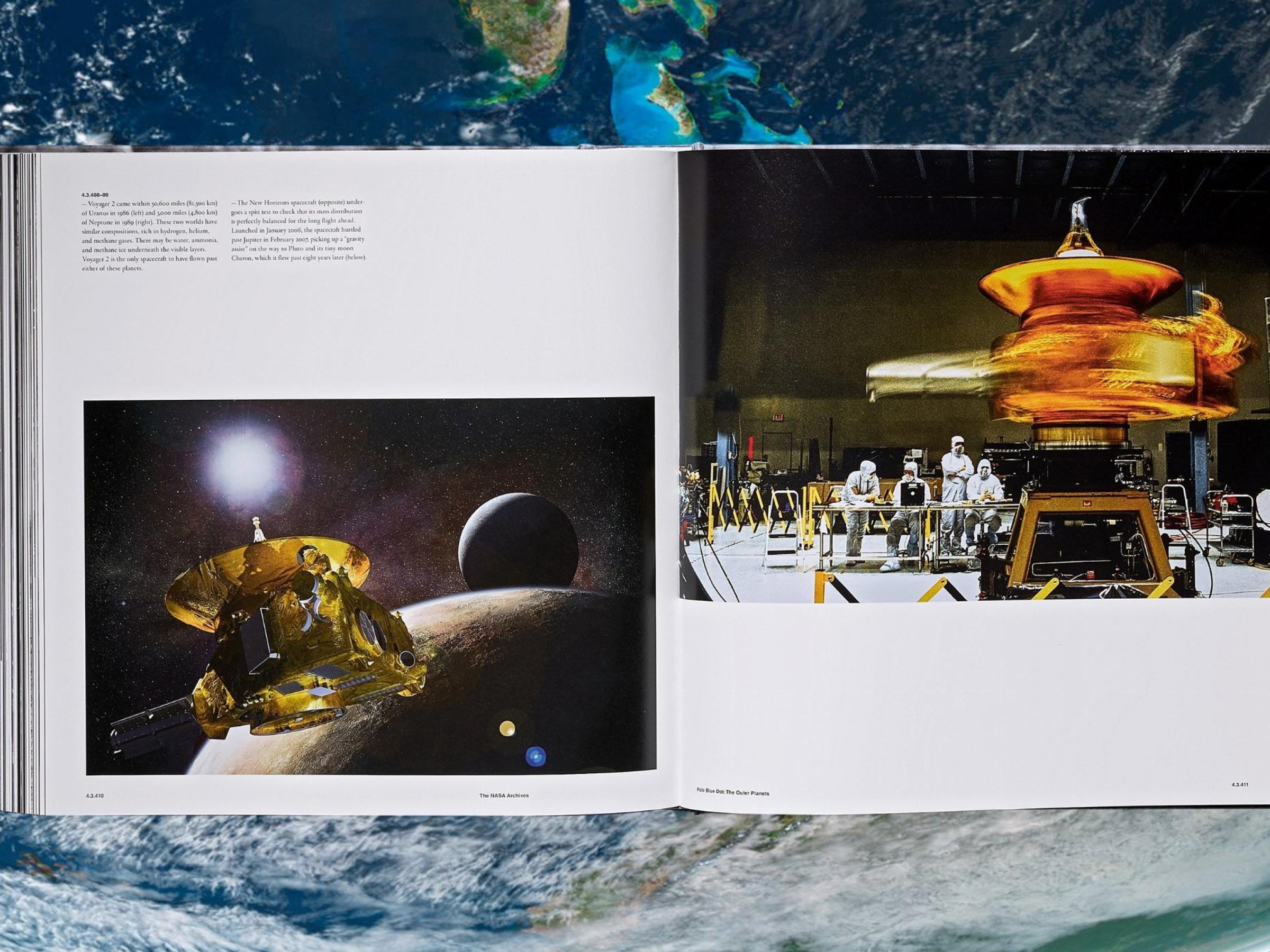 Two page spread from The NASA Archives showing a golden spacecraft on a planet left and a launch test rig with technicians on the right.