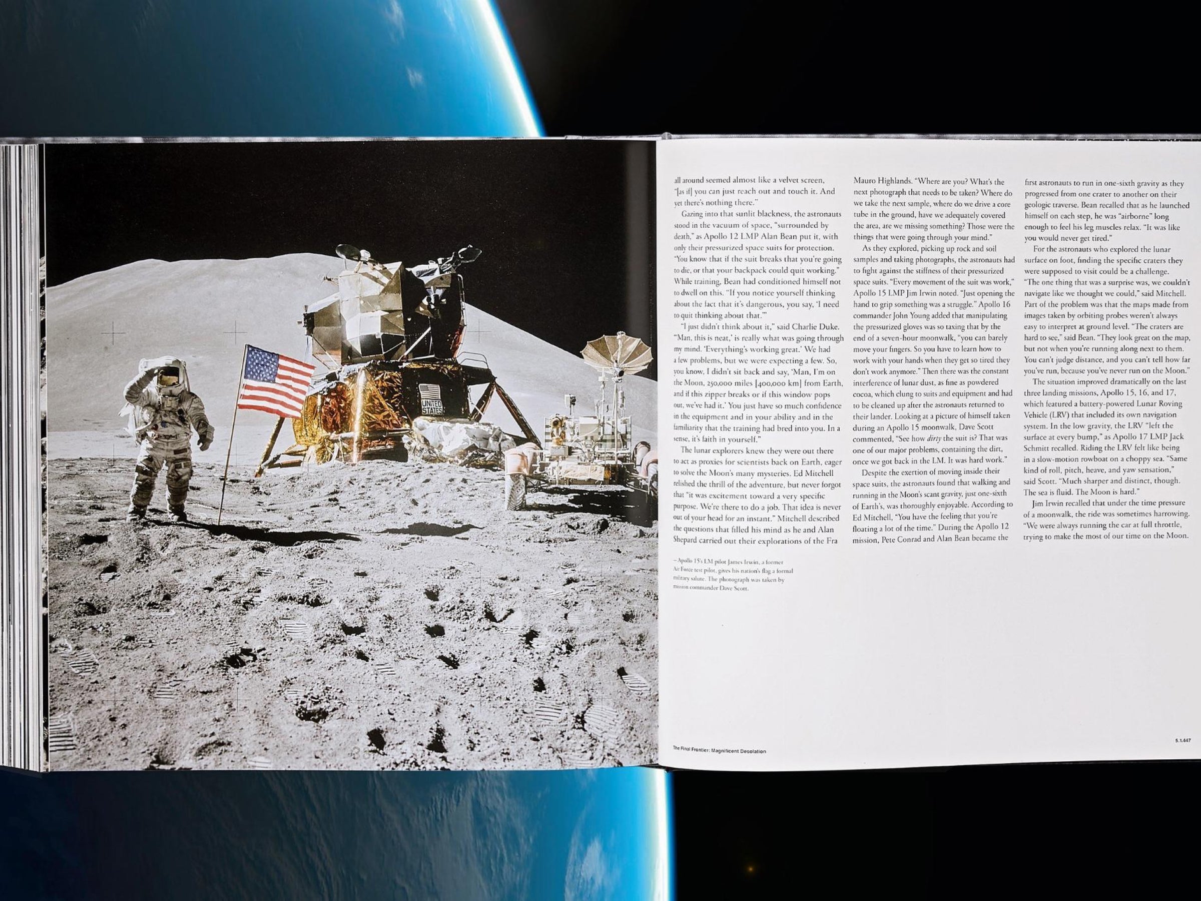 Moon surface image featuring a golden spacecraft beside the American flag, in a NASA Archives spread.