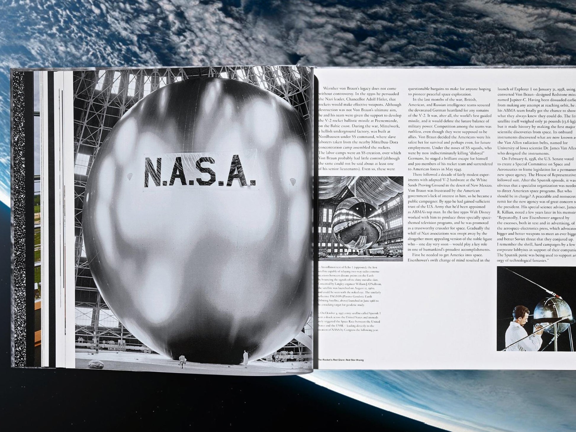 Large silver spherical spacecraft component on a hangar floor with structural framing across a NASA Archives spread.