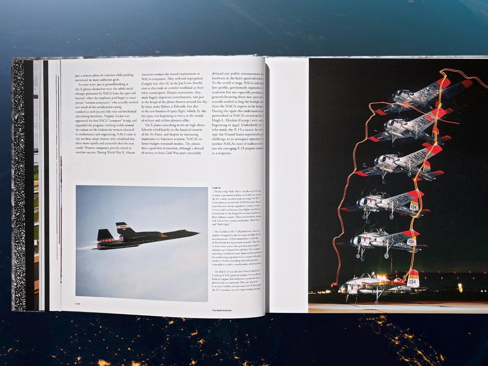 Open spread with dense left page text and a right page image of a row of small NASA airplanes linked by orange cords.