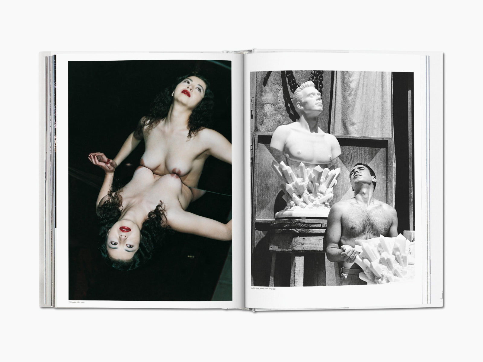Two-page spread from SUMO with a topless woman image on the left and a sculptural scene on the right