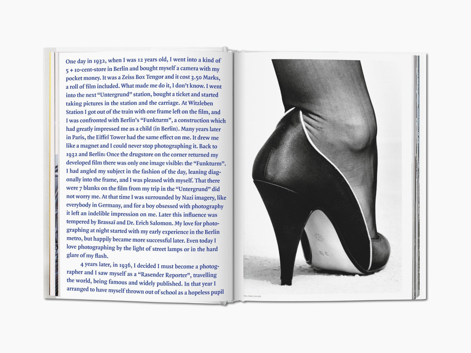 Open Helmut Newton SUMO spread with blue text on the left and a large black high heel on the right
