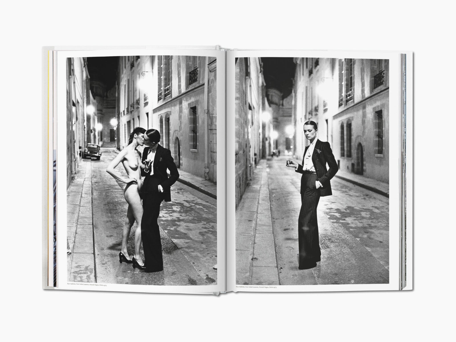Two page black and white street photography spread from Helmut Newton SUMO showing urban fashion portraits in an alley
