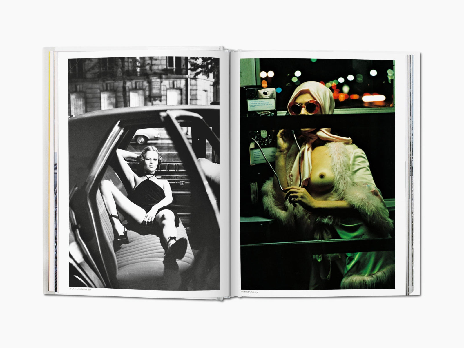 Two page spread from Helmut Newton SUMO with a reclining woman in a car on the left and a topless figure in a fur coat on the right