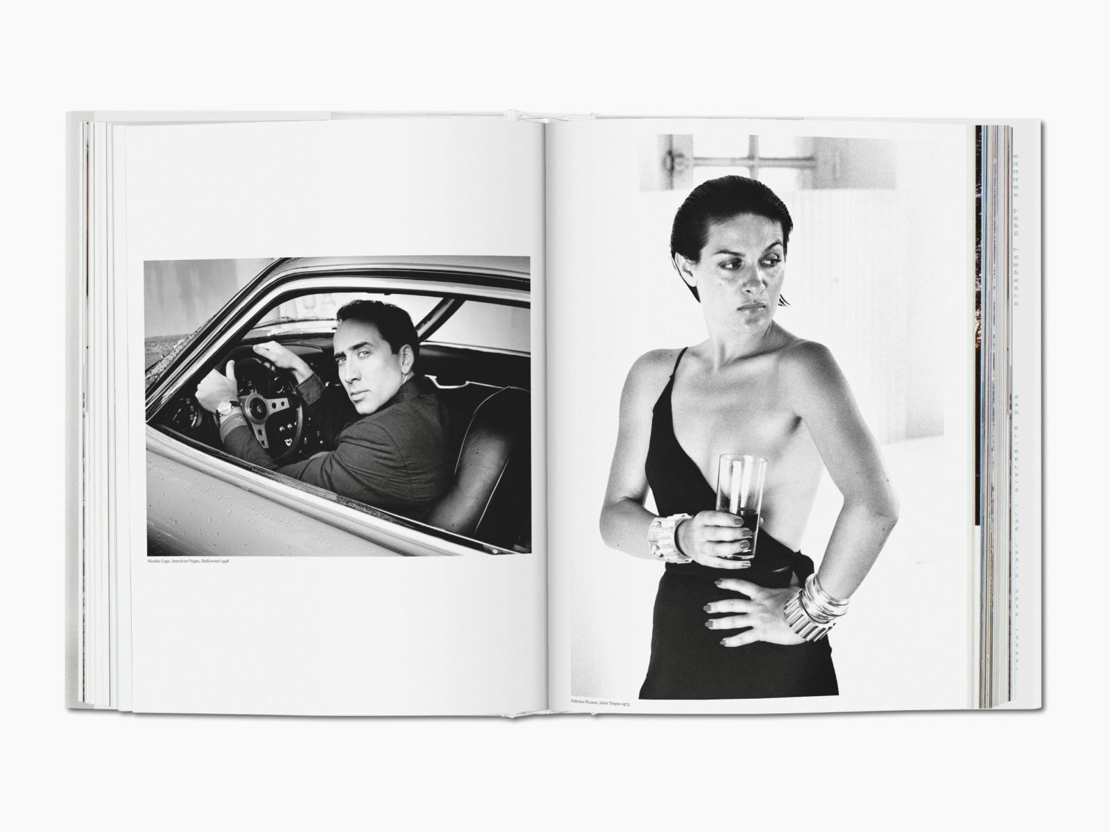Two page spread from Helmut Newton SUMO: man in car on left, woman in a black one shoulder dress with a glass on the right.