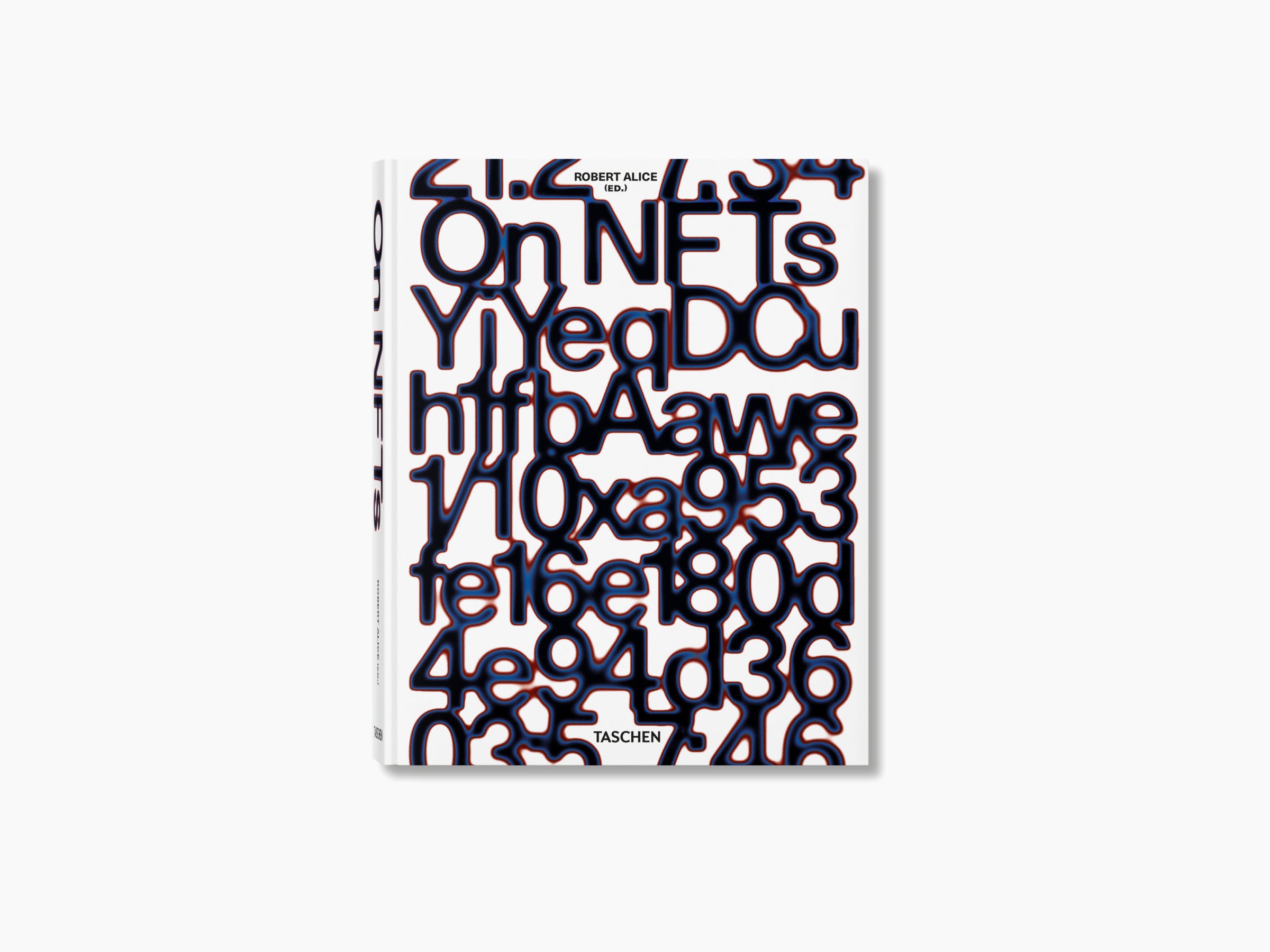 Front cover of the On NFTs book with bold overlapping blue and black number graphics on white.