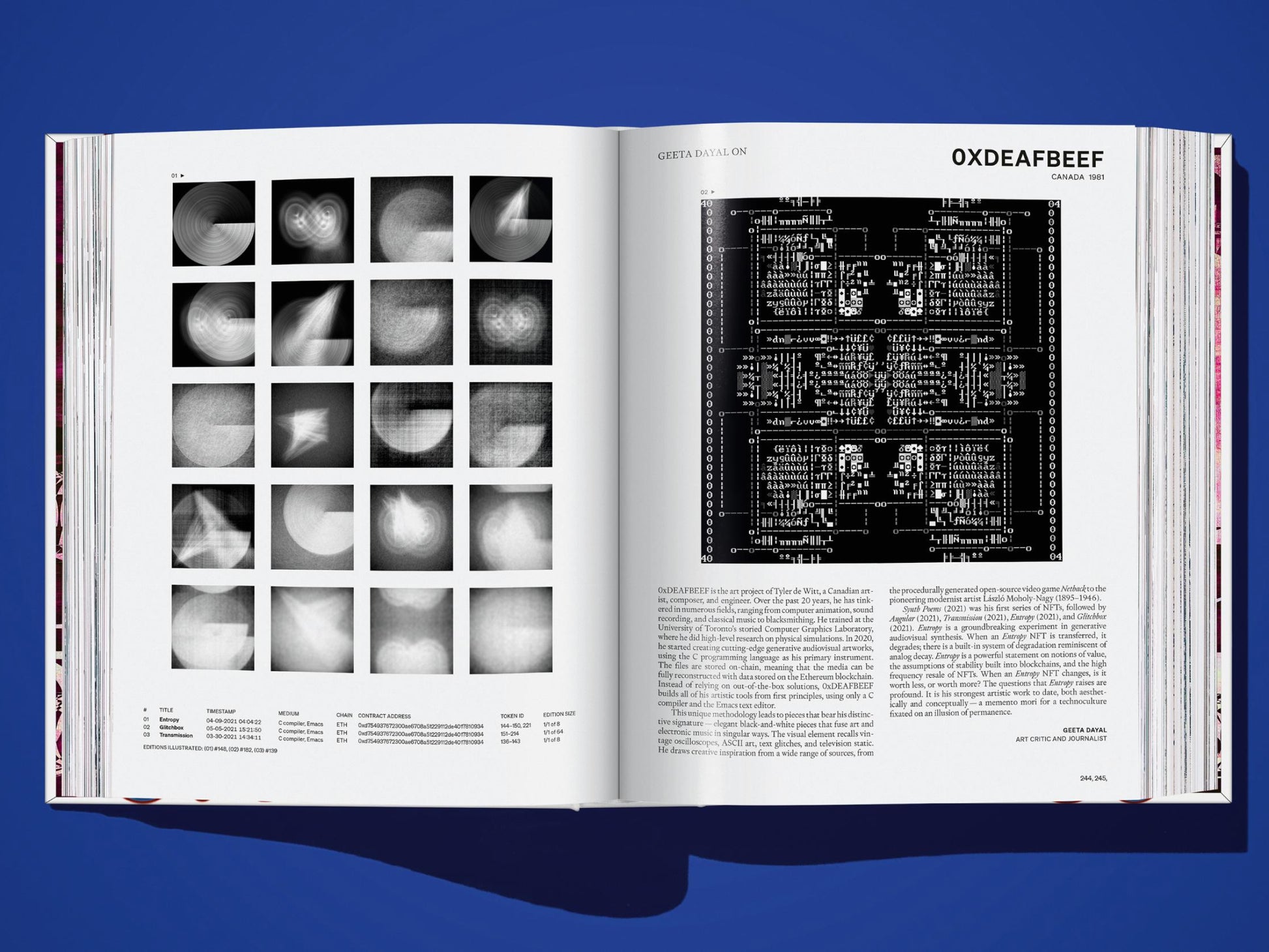 Open spread from On NFTs with a left page grid of grayscale thumbnails and a right page featuring a large black circuit diagram.