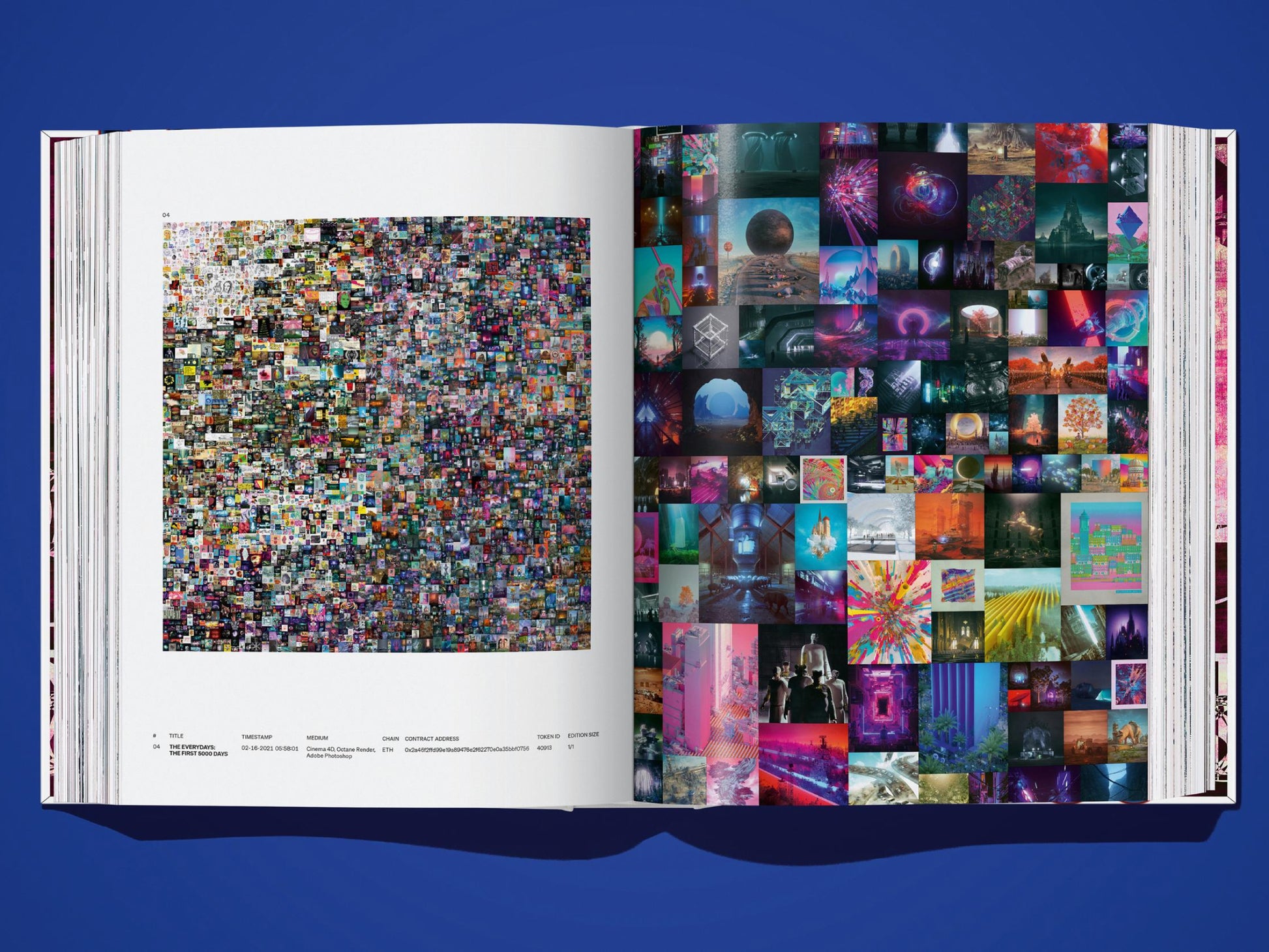 Open art book spread showing a dense mosaic of small image thumbnails on the left and a vibrant collage on the right against a blue background
