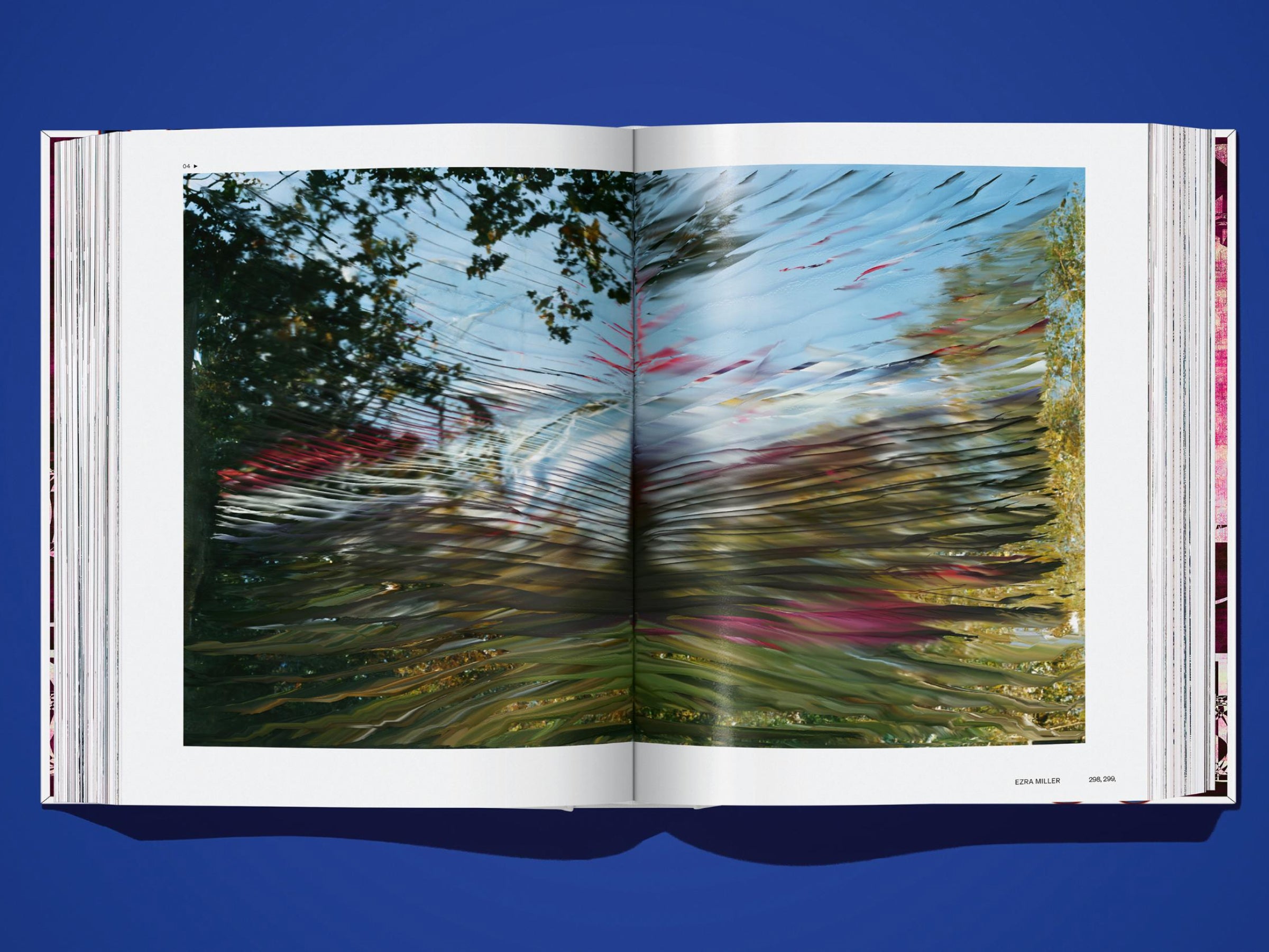 Open book spread showing a distorted landscape photograph of trees and blue sky spanning two pages