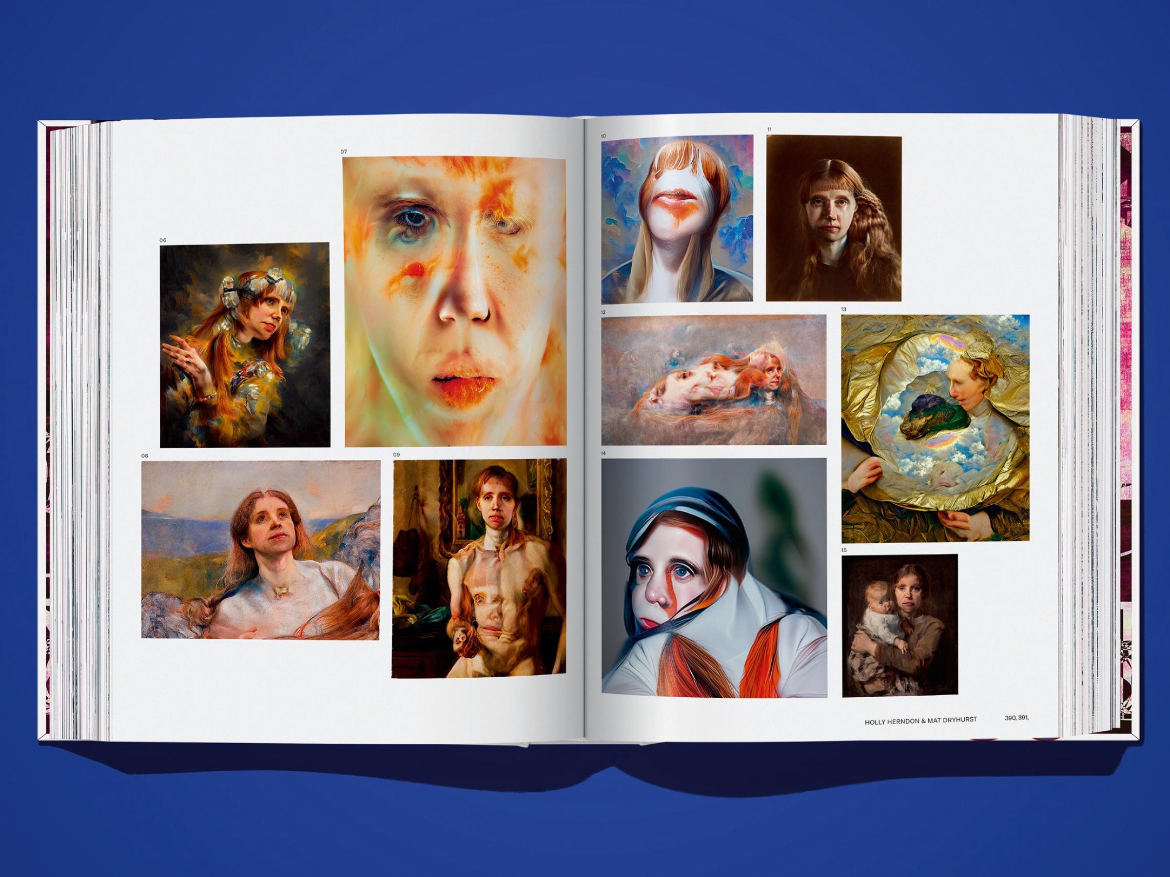 Open art book spread with two large paintings on the left page and a right page featuring a large orangutan portrait and a column of small diagrams and images
