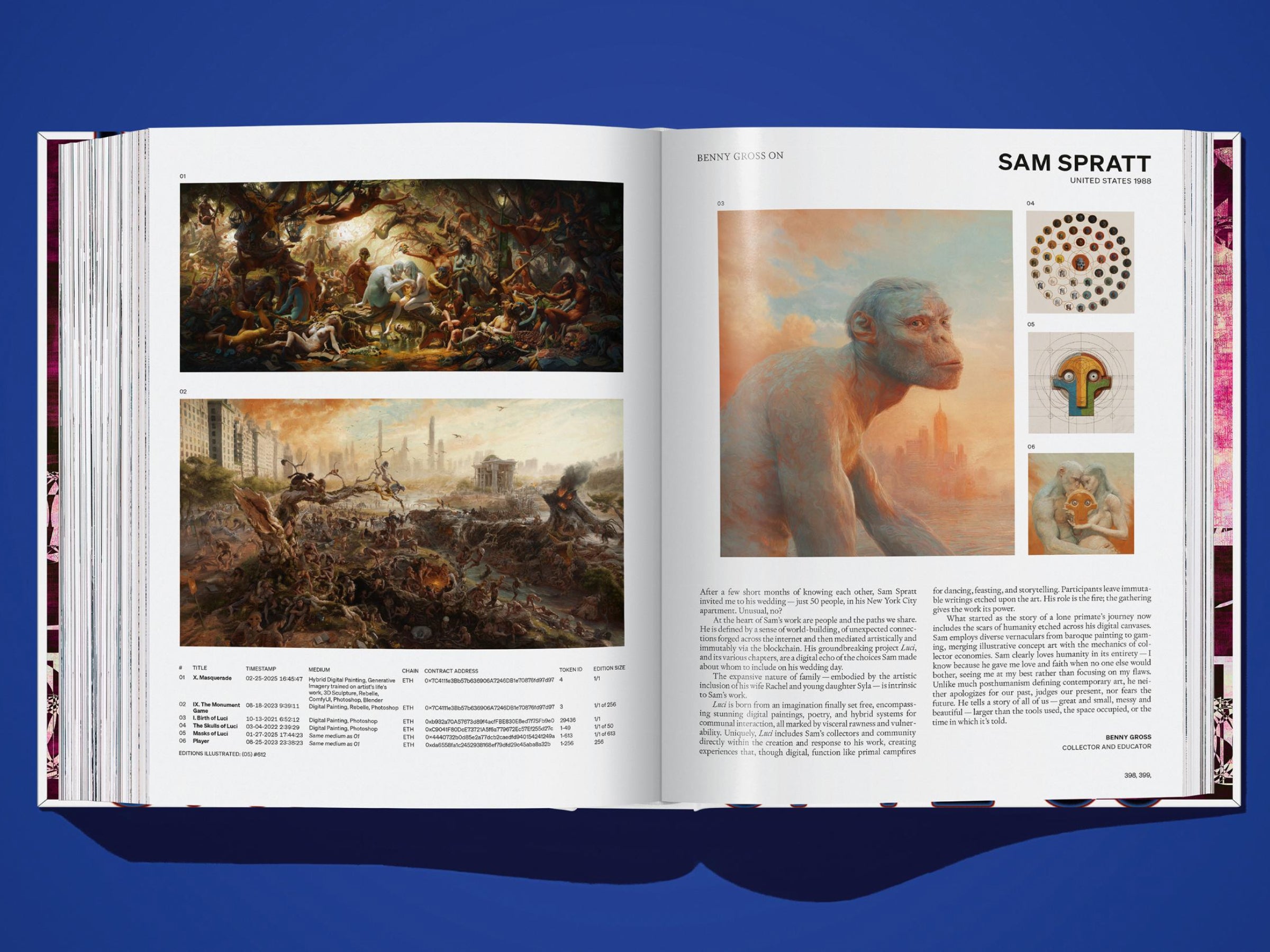 Open art book spread with two big paintings on the left and a right page displaying a large orangutan portrait with small circular thumbnails along the edge