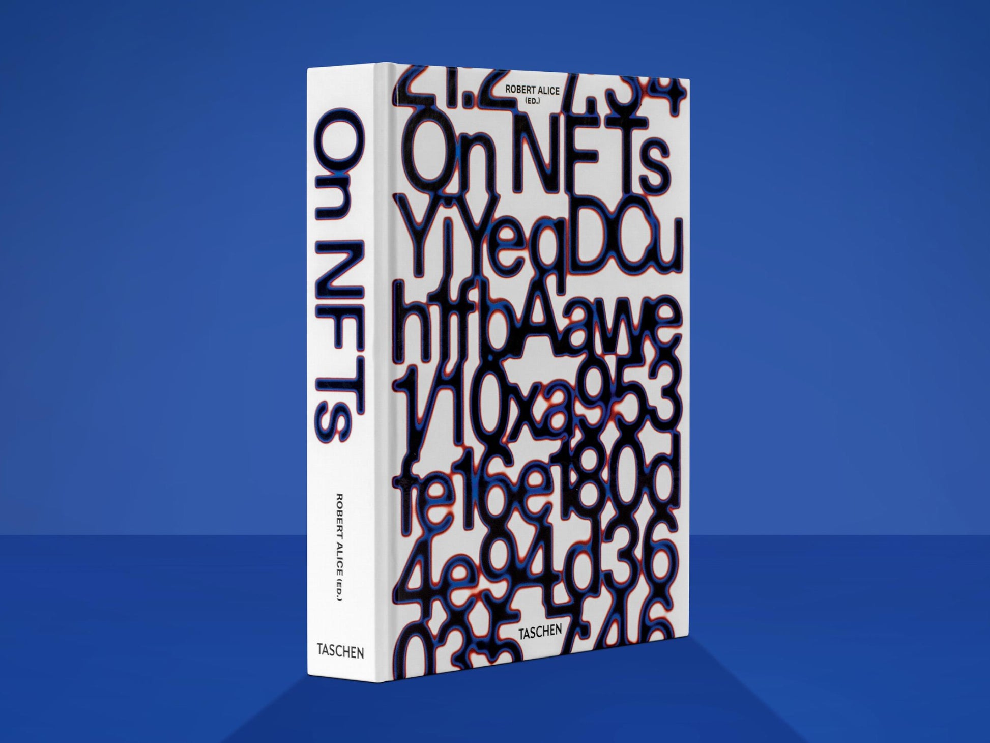 Angled shot of the On NFTs book on a blue background, showing the bold numeric cover design.