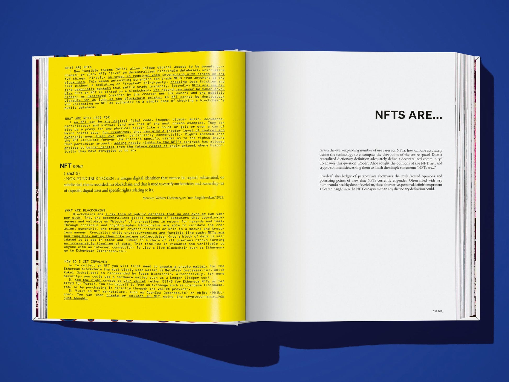 Open book spread with a yellow NFT definitions page on the left and a white page titled NFTs ARE on the right.