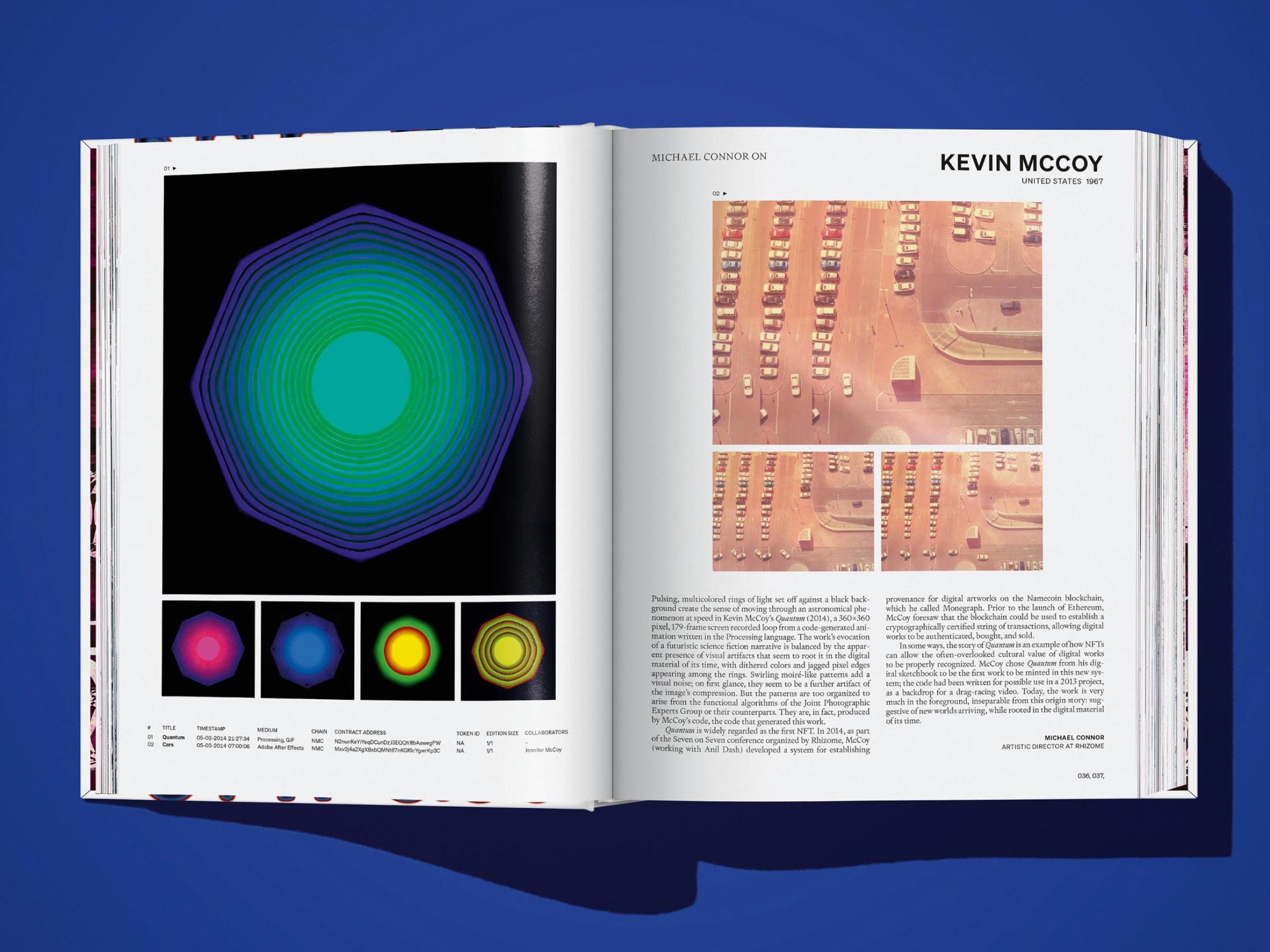 Two page spread with concentric rings artwork on the left and a right page showing a grid of small photos beside a large orange parking lot image.