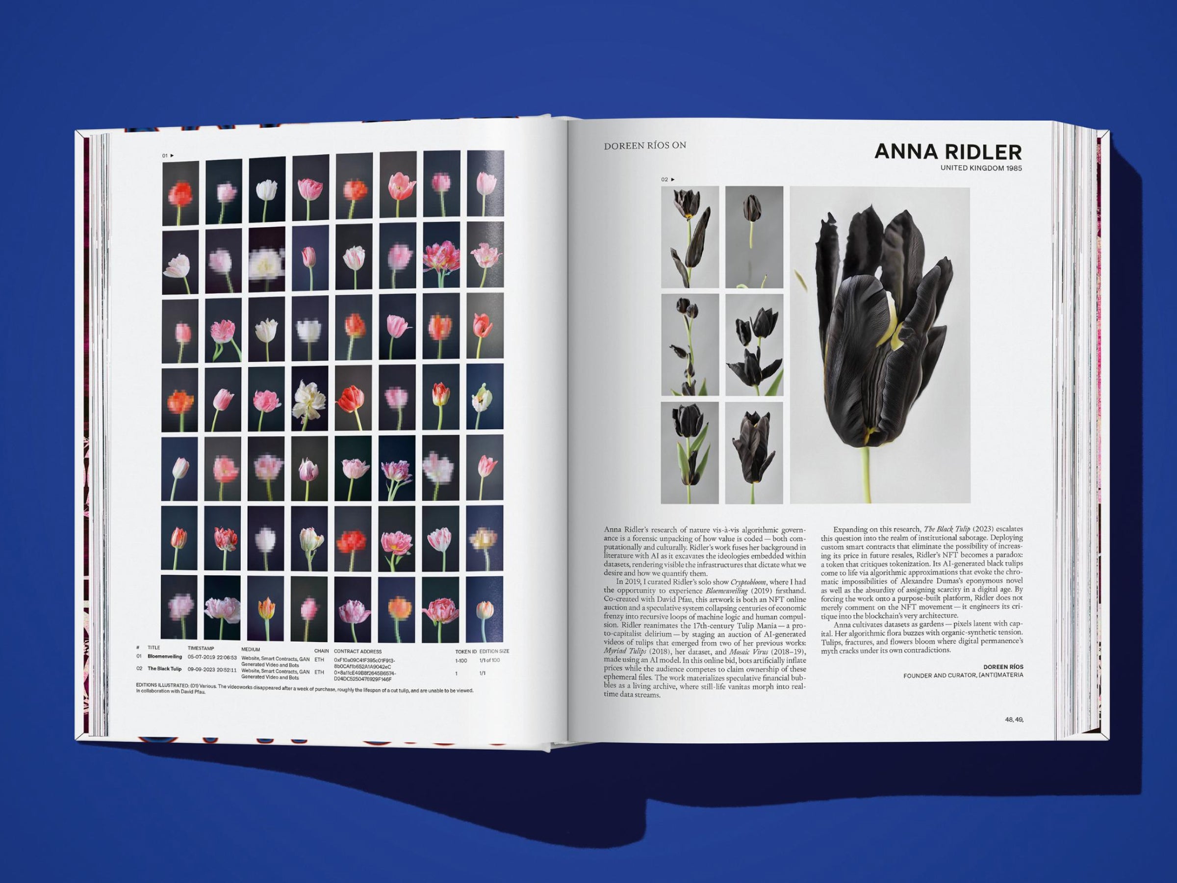 Two-page spread with a grid of pink tulip photographs on the left and a right page featuring a large black tulip portrait and artist details.