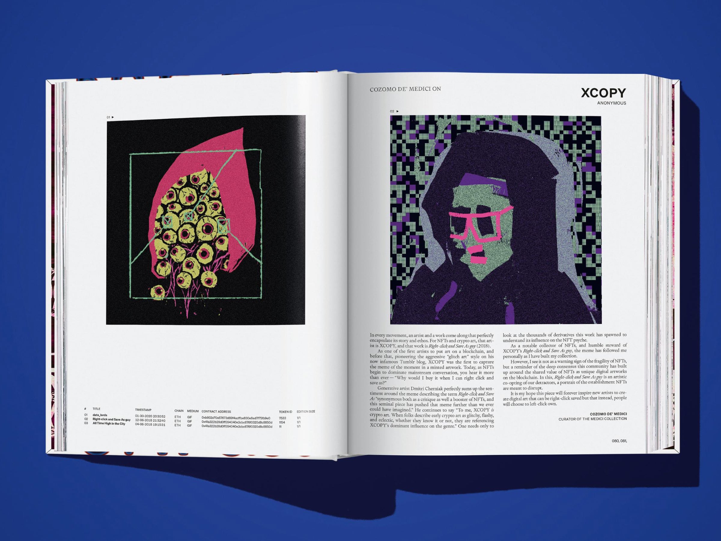 Open book spread with NFT art; left page shows a black square with pink shapes and yellow dots, right page a pixelated portrait.