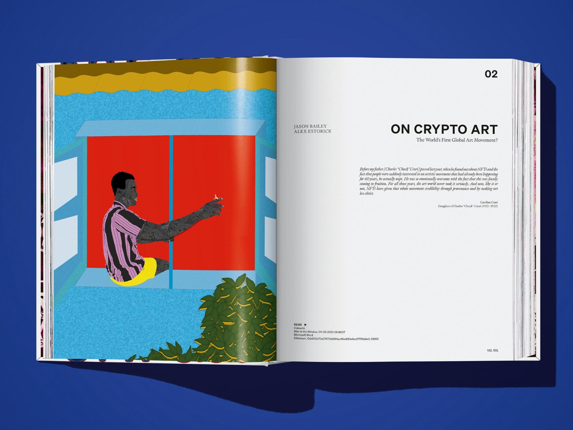 Open book spread with a vibrant abstract collage on the left and a white page labeled ON CRYPTO ART on the right.