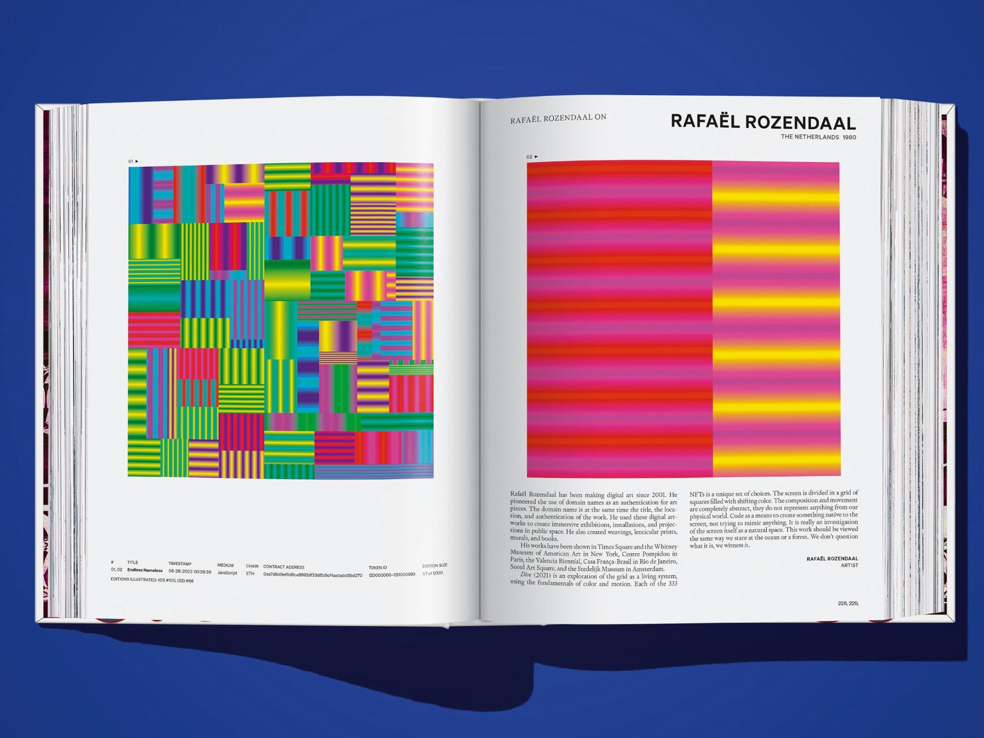Open book spread with a bright tiled color composition on the left and the right page showing RAFAËL ROZENDAAL.