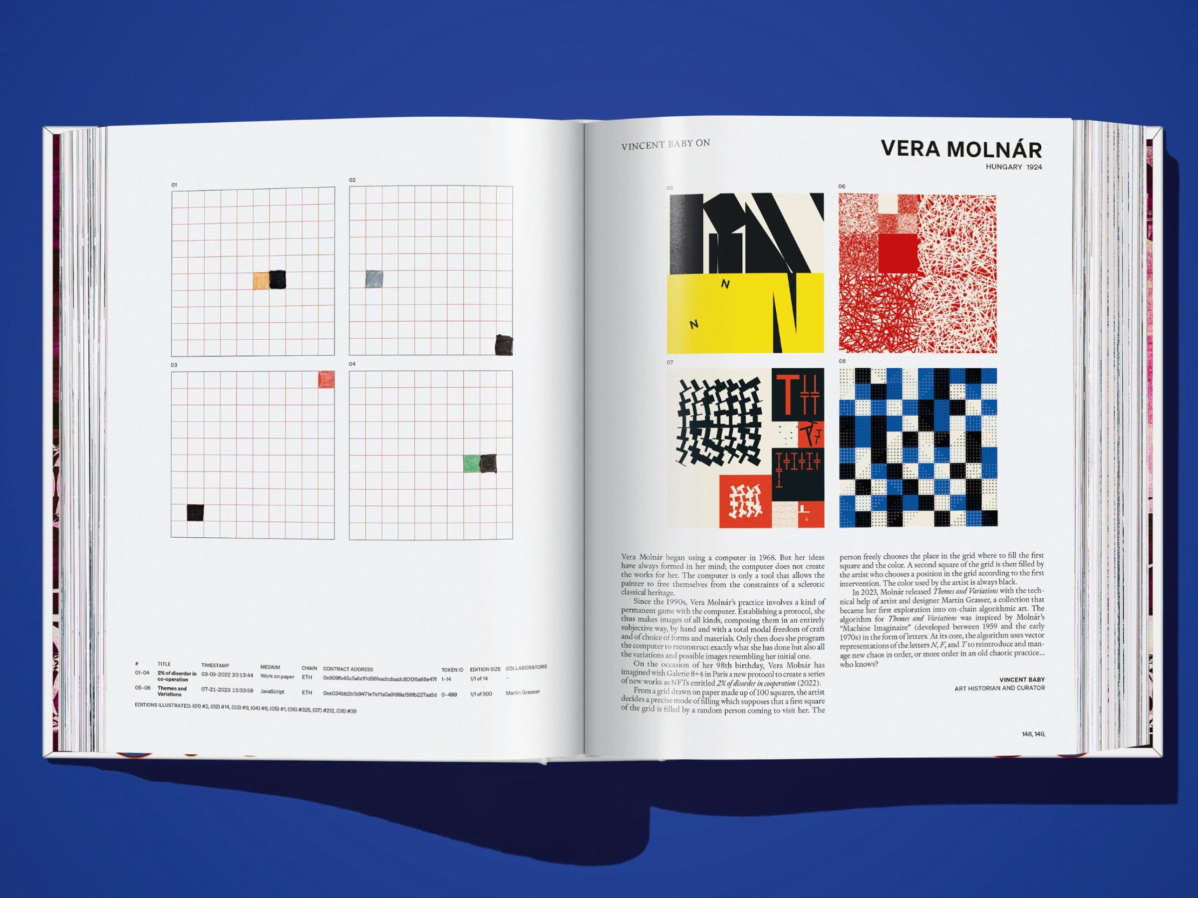 Open art book on a blue surface, left page shows four grid diagrams with small colored squares, right page features a Vera Molnár geometric collage.