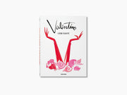 Valentino A Grand Italian Epic book cover on white background with black signature logo and red arm shapes over pink petals.