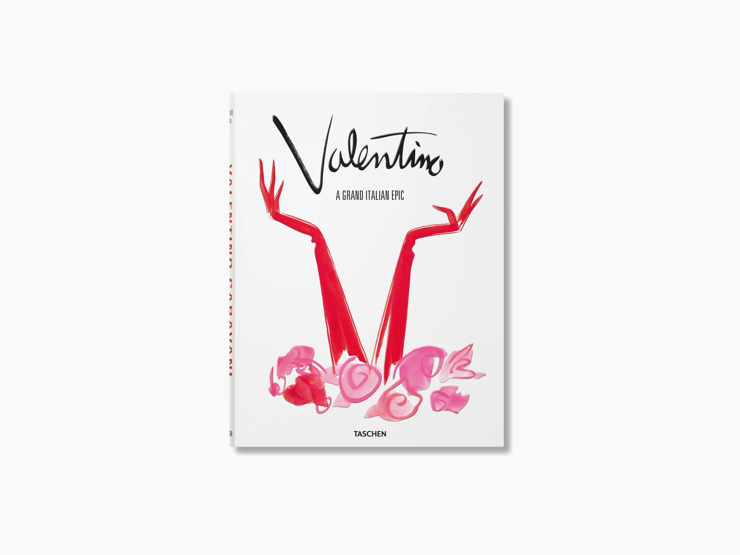 Valentino A Grand Italian Epic book cover on white background with black signature logo and red arm shapes over pink petals.