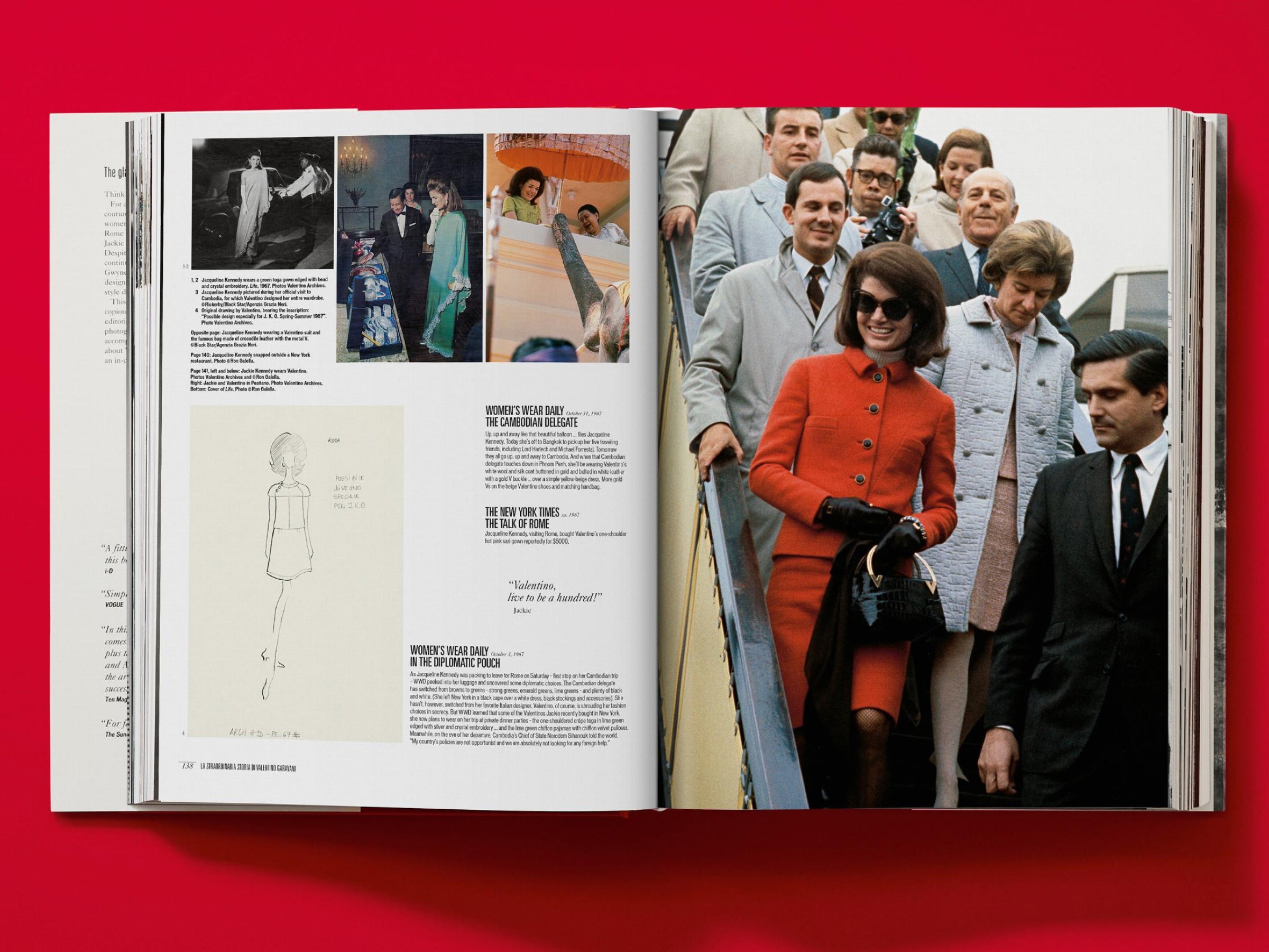 Open spread from Valentino A Grand Italian Epic showing a left collage of fashion images and a right crowd photo around a car.
