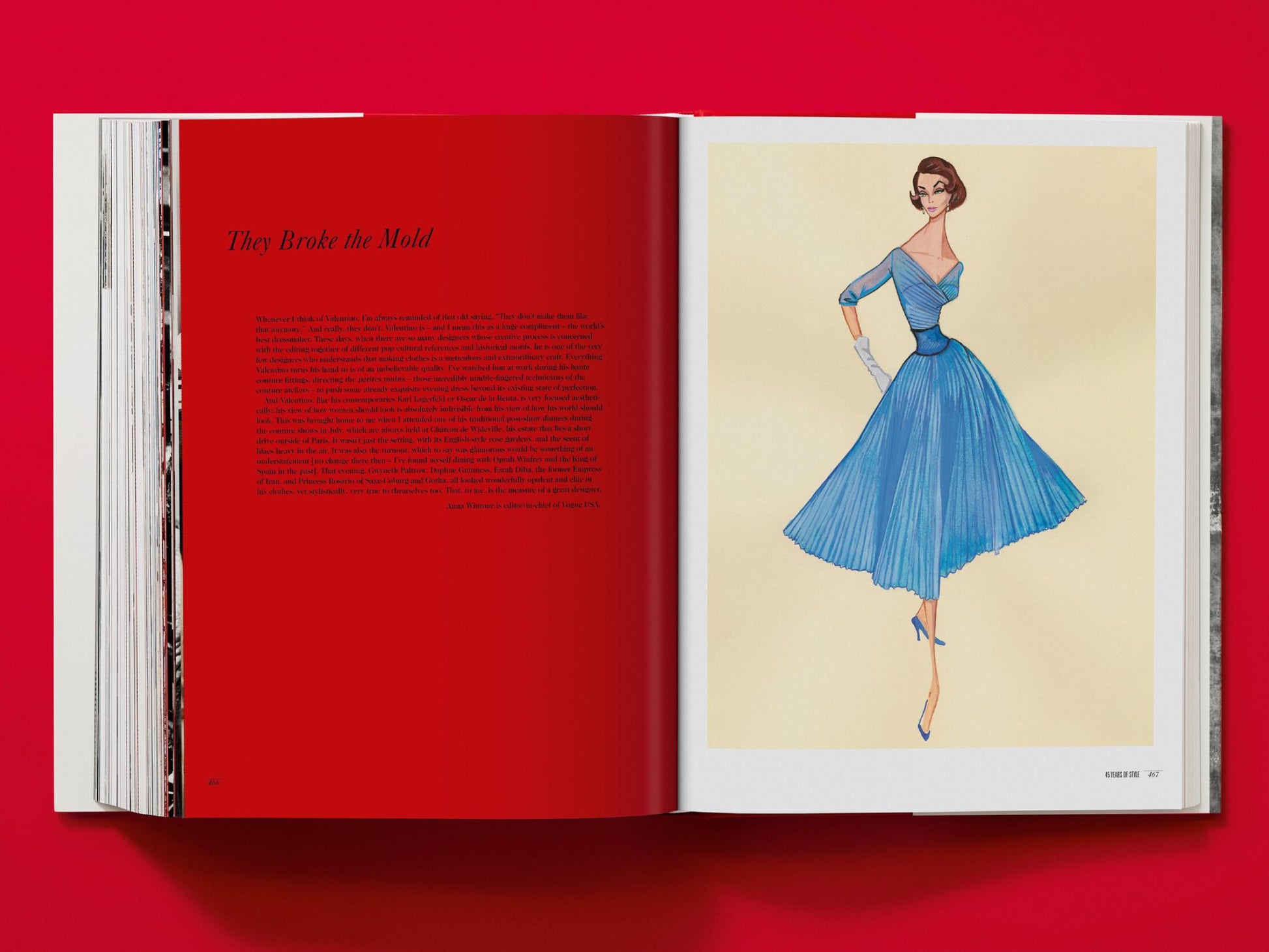 Illustration of a woman in a blue pleated mid century dress on the right page.