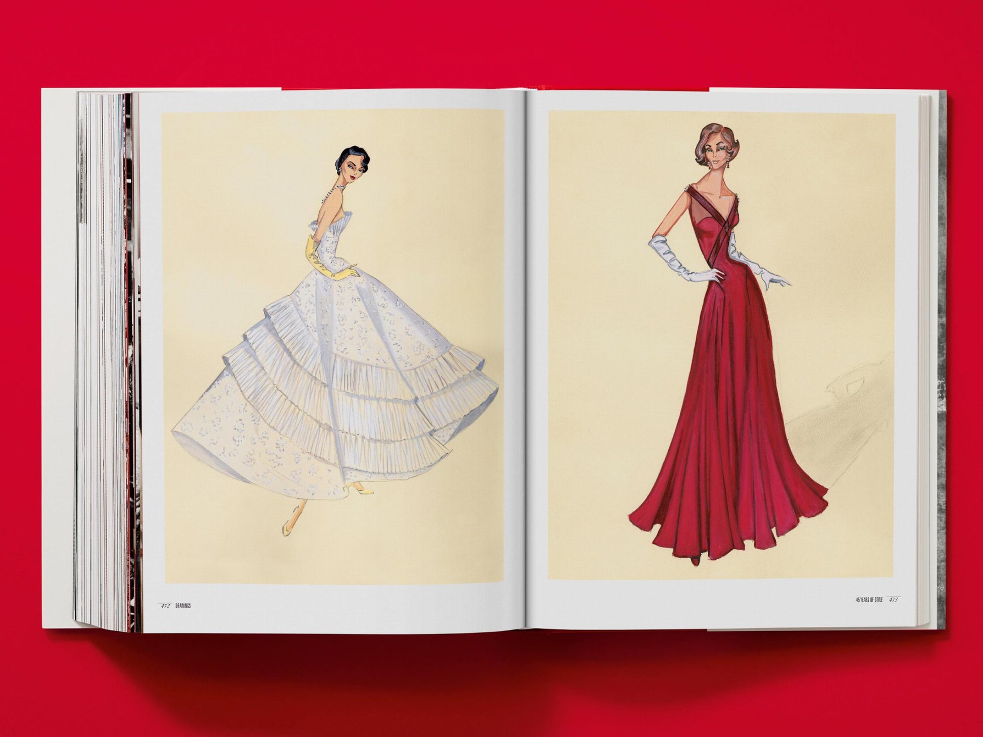 Two-page spread with vintage fashion illustrations of a white ballgown on the left and a red evening gown on the right.