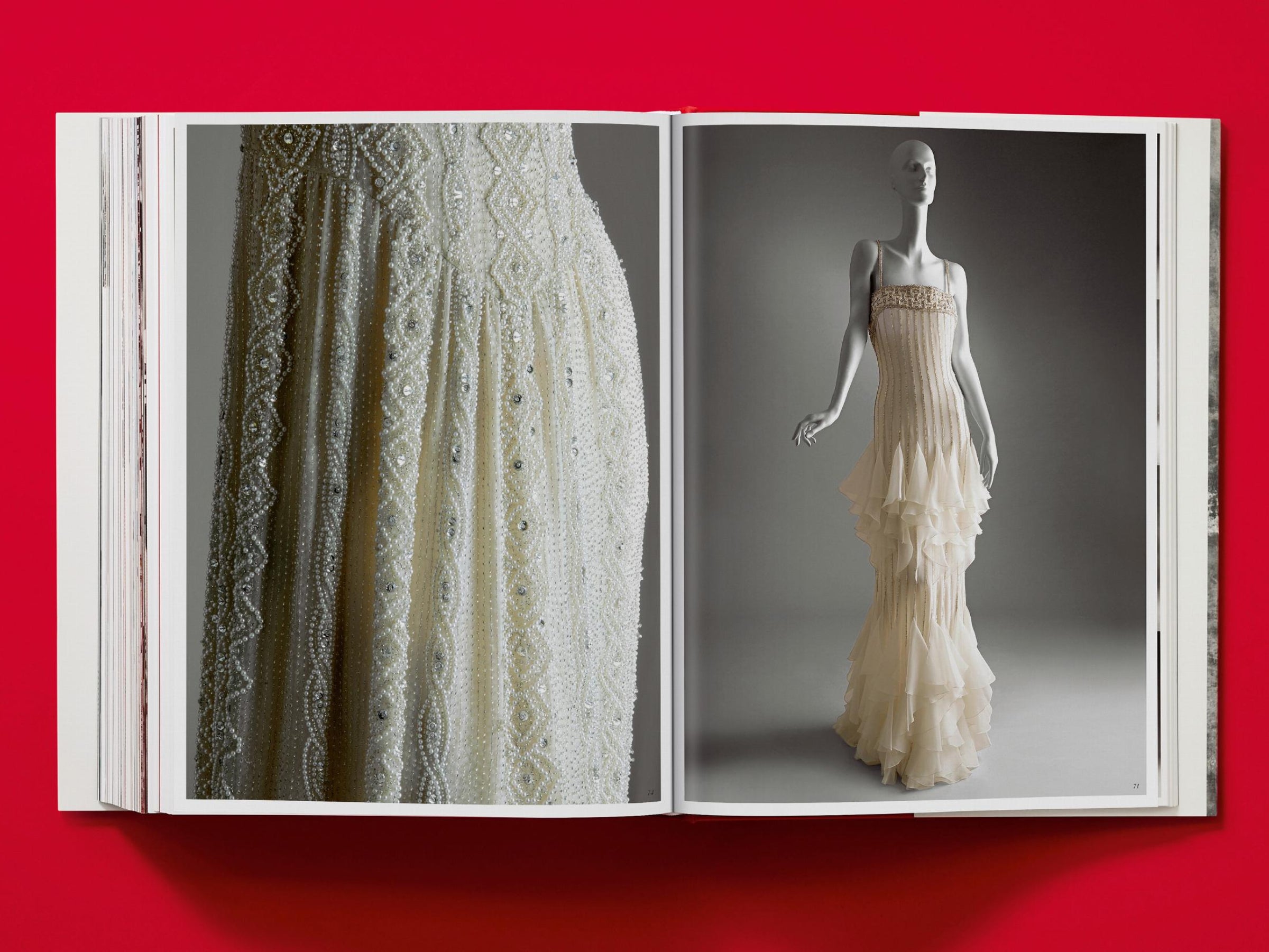 Left page close-up of beaded ivory fabric; right page a strapless pale beige gown with a tiered ruffle skirt on a mannequin.
