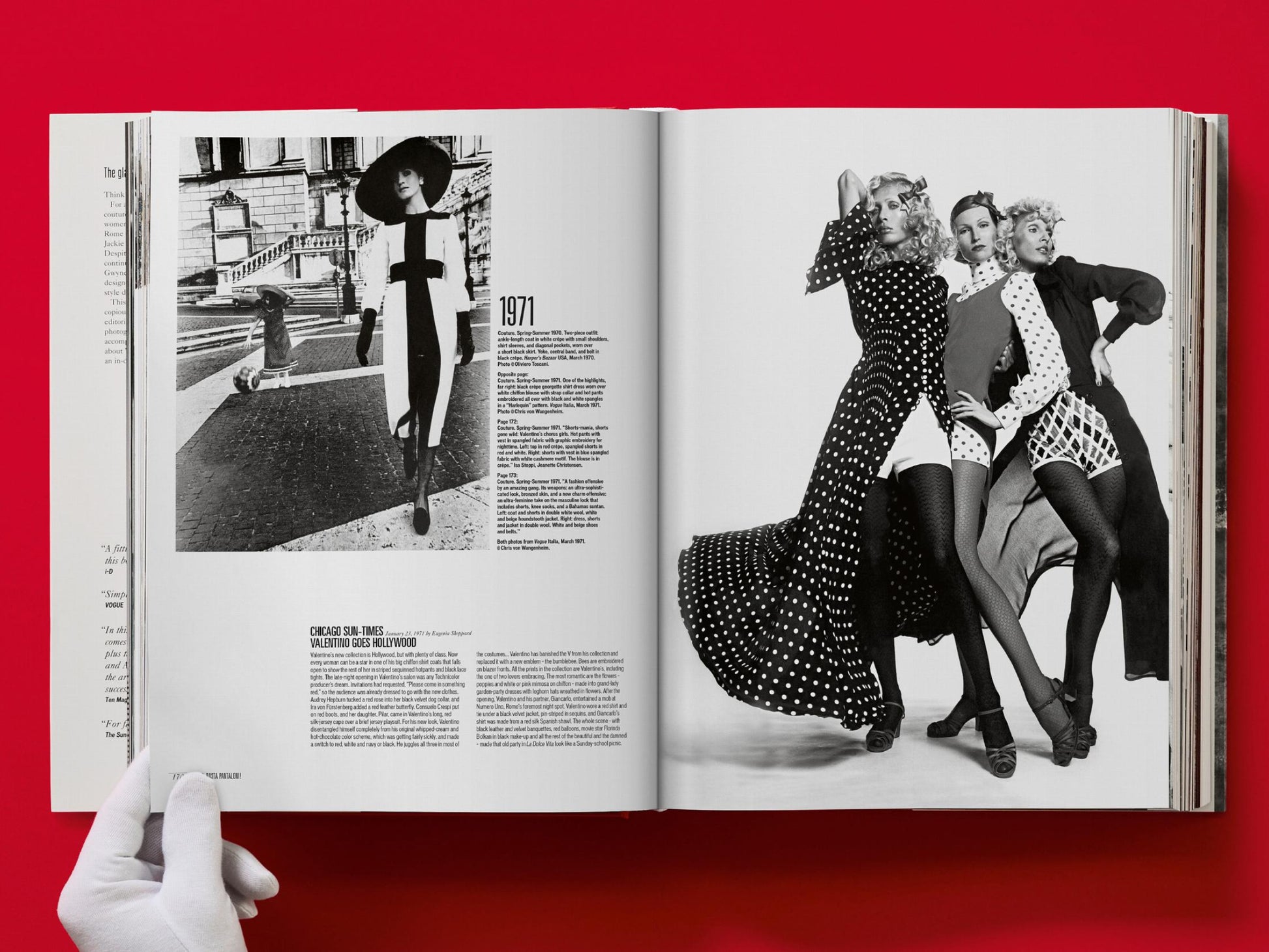 Two-page black-and-white fashion spread with a model wearing a wide-brim hat on the left and a group of models posing on the right.