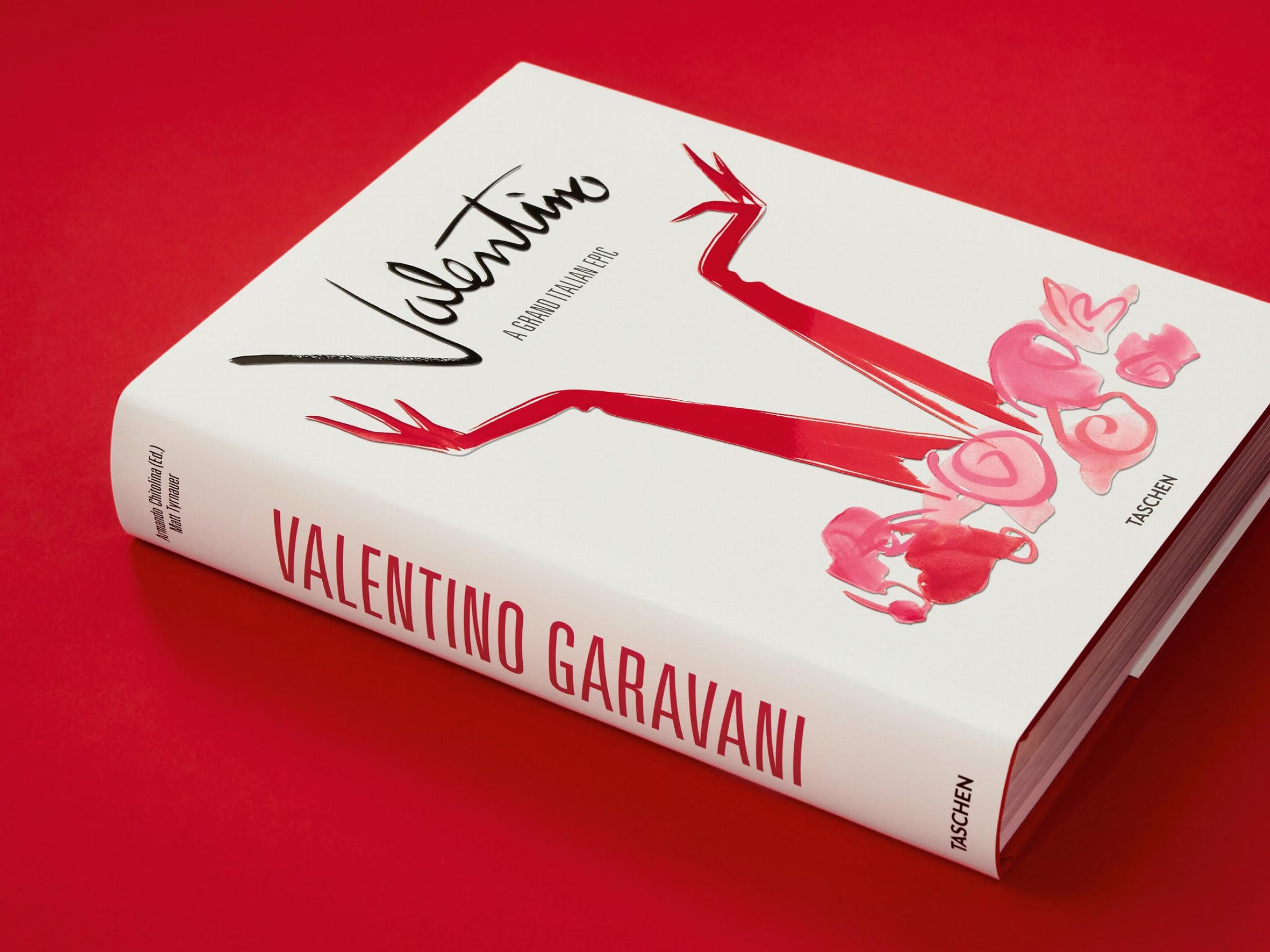 Valentino A Grand Italian Epic book cover featuring a red dress illustration on a white background.