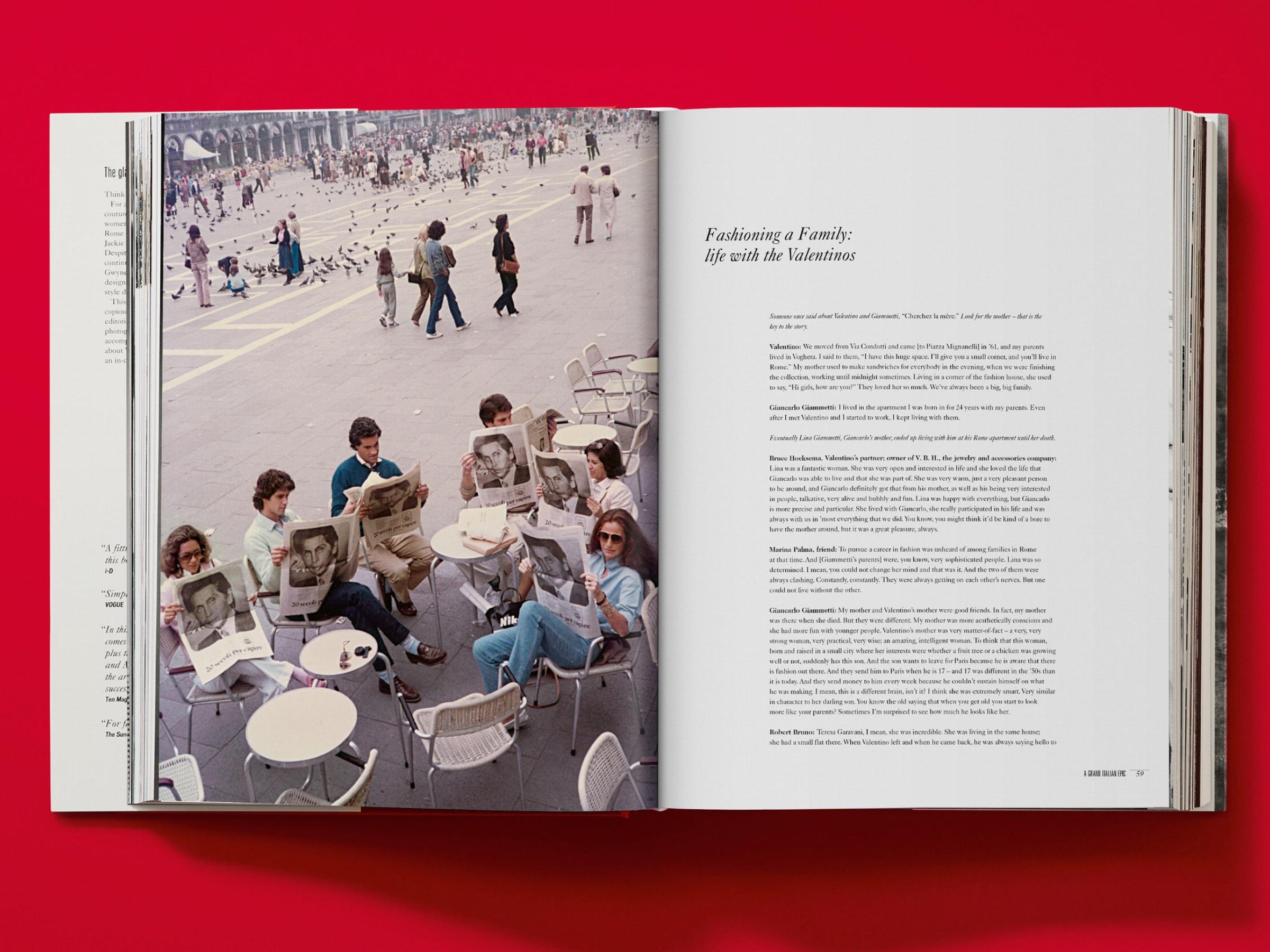 Open Valentino Grand Italian Epic spread with a street photo on the left and a fashion article about the Valentinos on the right