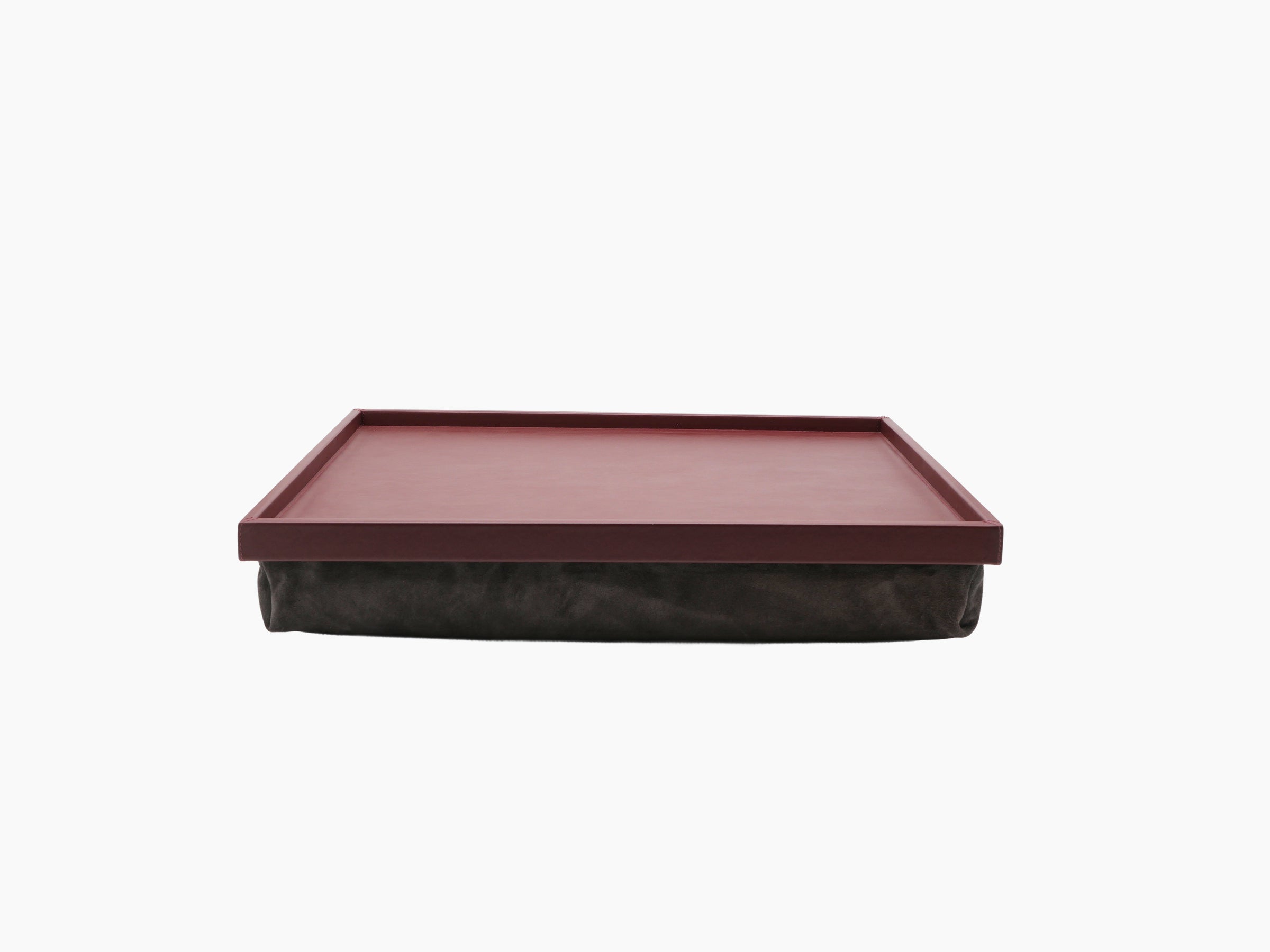 Teddy Bed Tray with burgundy frame and dark suede base, leather wrapped construction