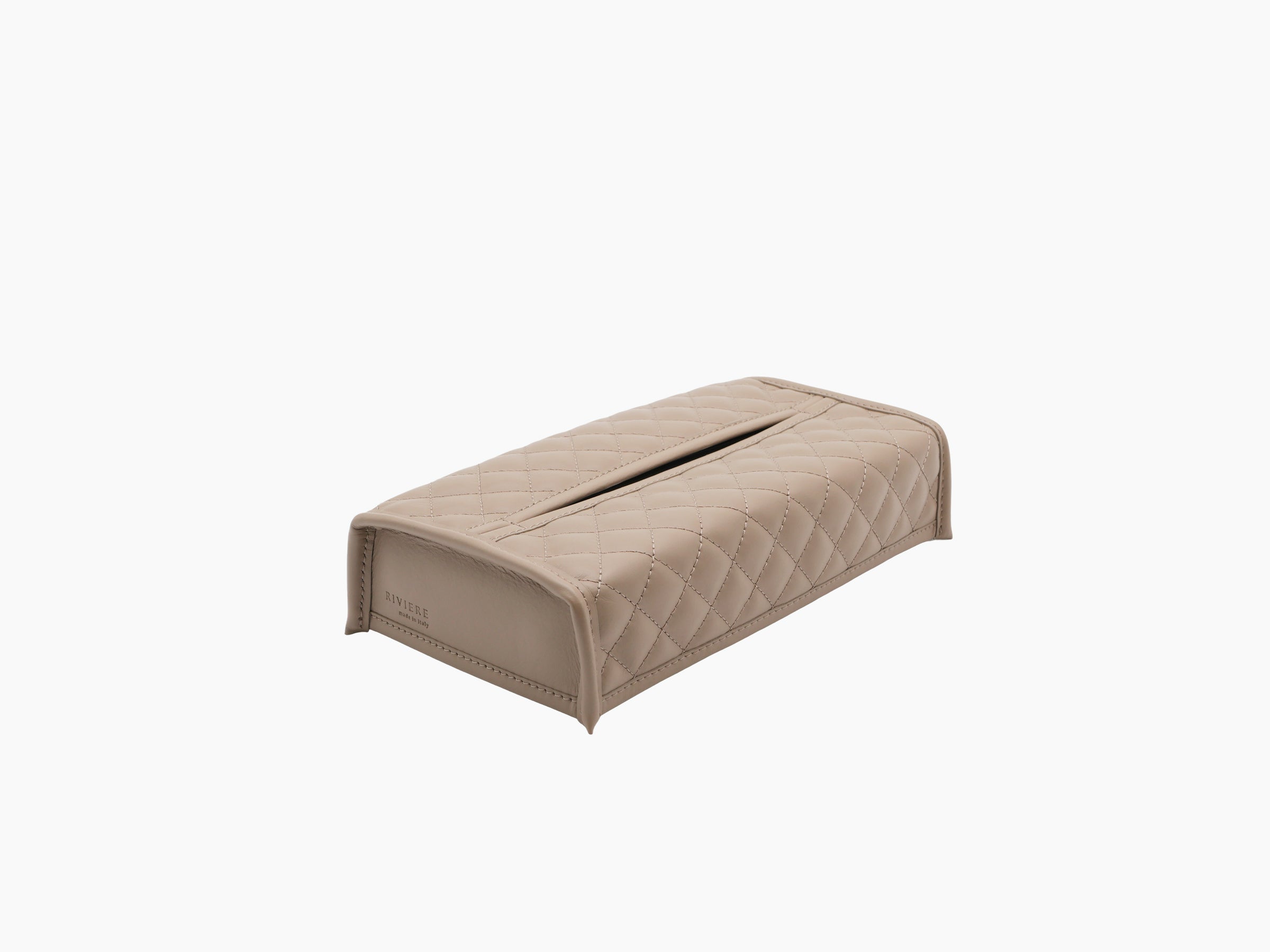 Beige rectangular tissue holder in quilted diamond stitched leather with a top slot
