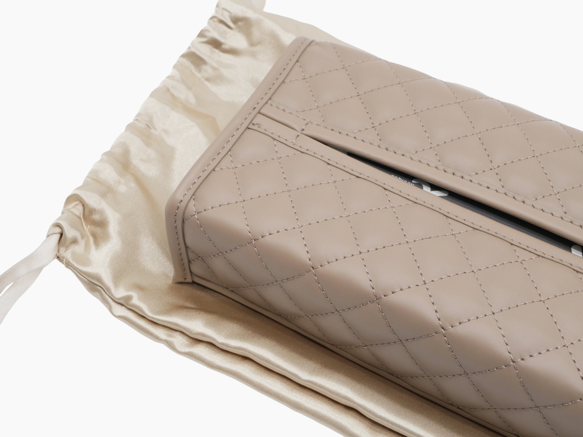 Beige quilted leather rectangular tissue holder with diamond stitching