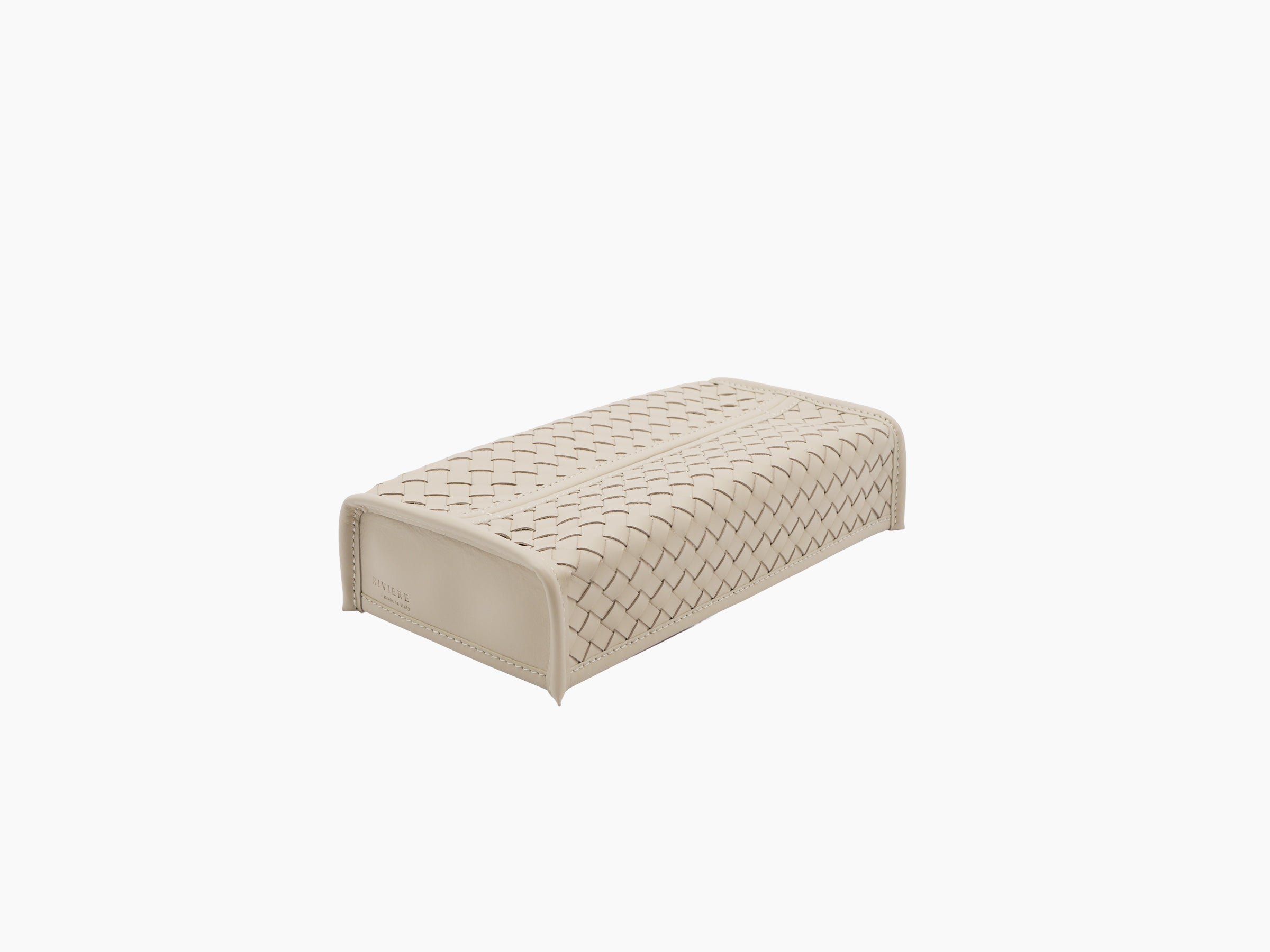 Elba handwoven rectangular tissue holder in natural beige leather with a textured woven pattern