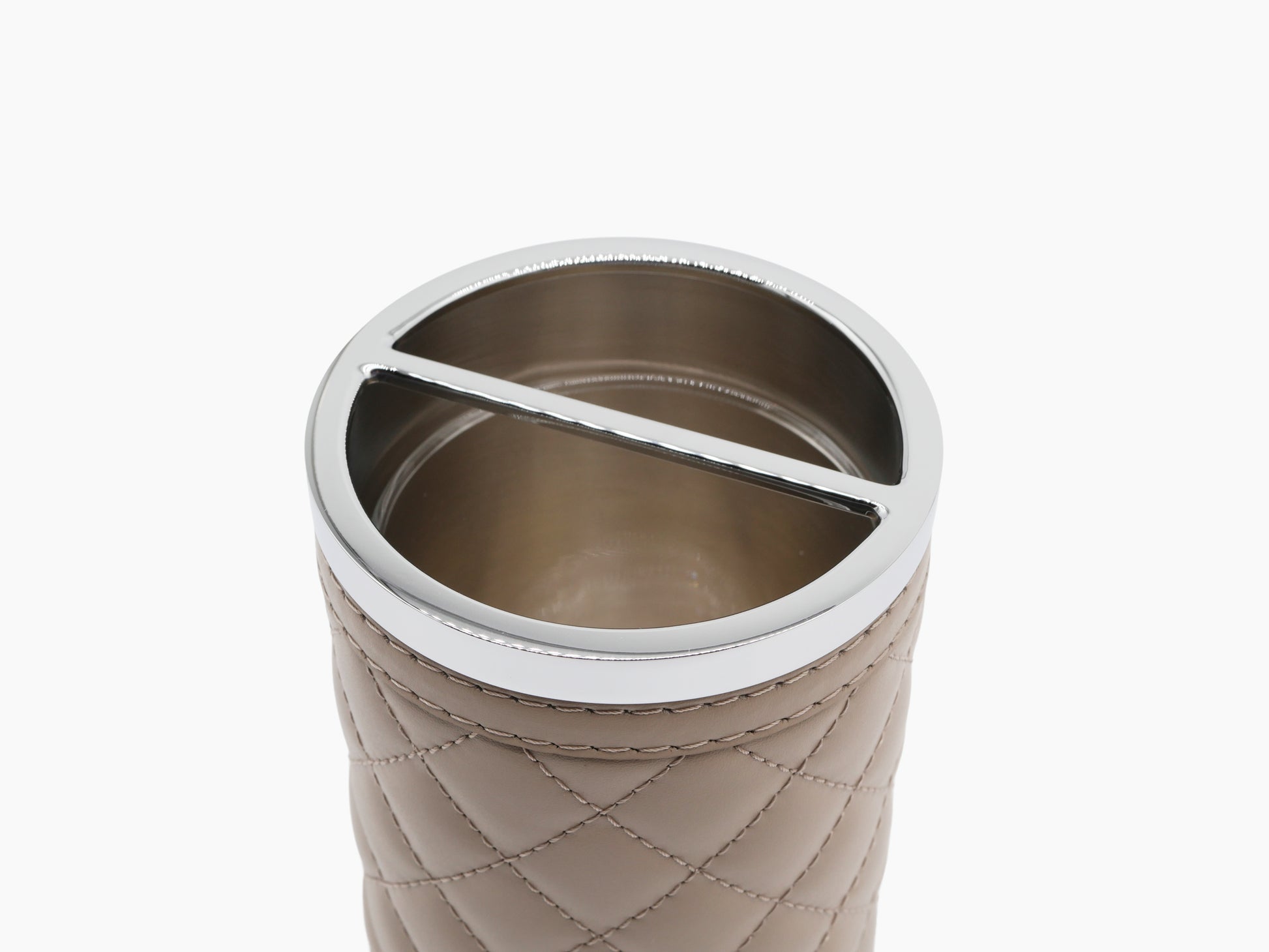 Round toothbrush holder with chrome rim and taupe diamond quilted leather, divided interior for two brushes