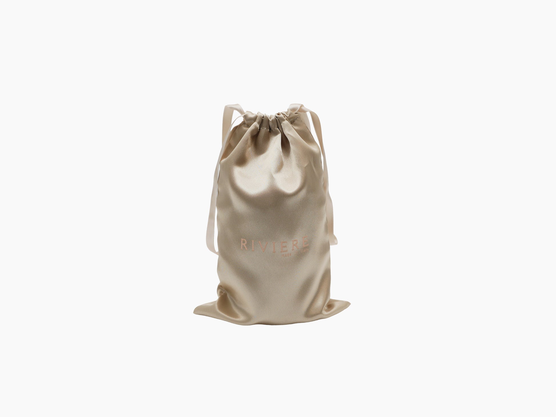Beige satin drawstring pouch with RIVIERE logo beside a matching gift box
