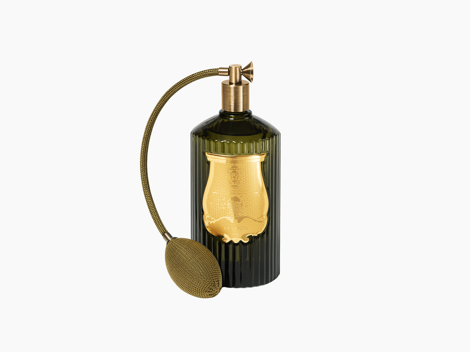 Room spray Ernesto Leather and Tobacco in dark green ribbed glass bottle with gold label and spray neck