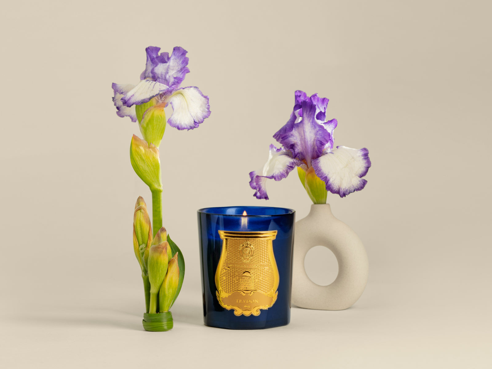 Purple and white iris flowers with a deep blue glass candle holder and gold crest against a beige background.