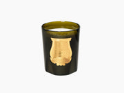 Grande Abd El Kader five wick candle in a dark glass vessel with a gold crest emblem.