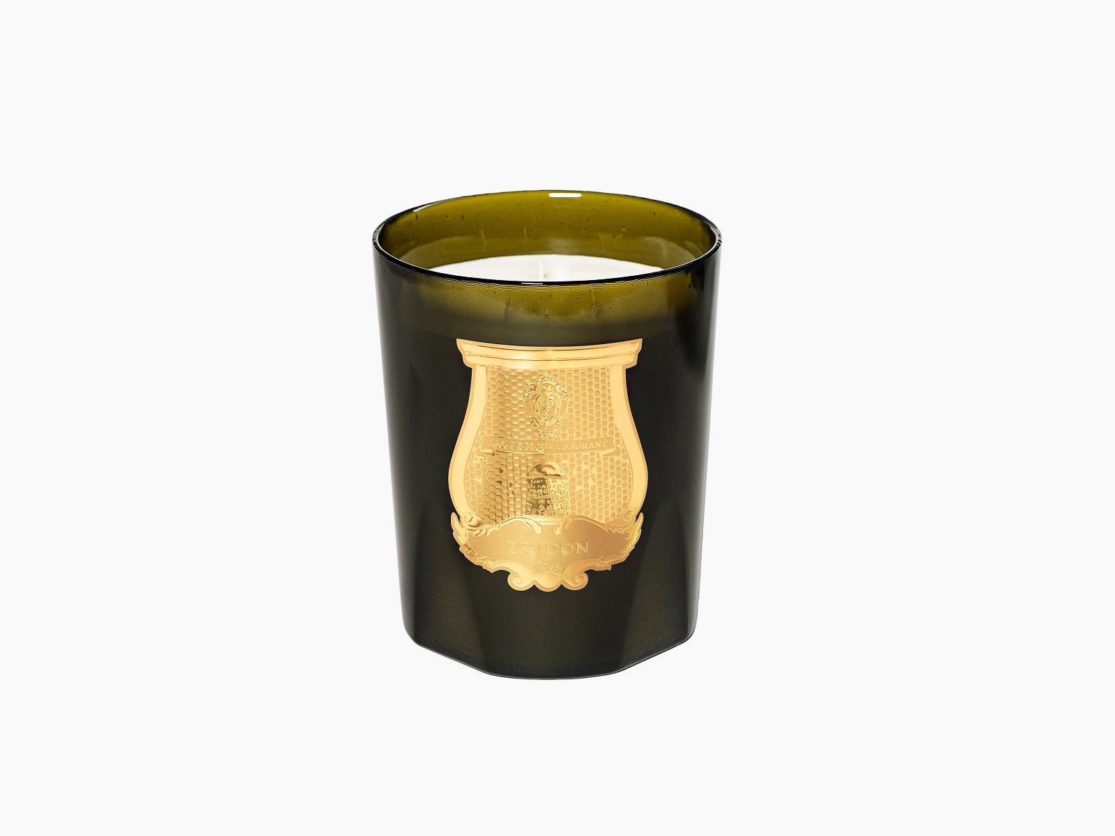 Grande Abd El Kader five wick candle in a dark glass vessel with a gold crest emblem.