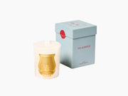 Gabriel The Alabasters candle in white alabaster with a gold emblem and lid beside a light blue box labeled Les Albatres