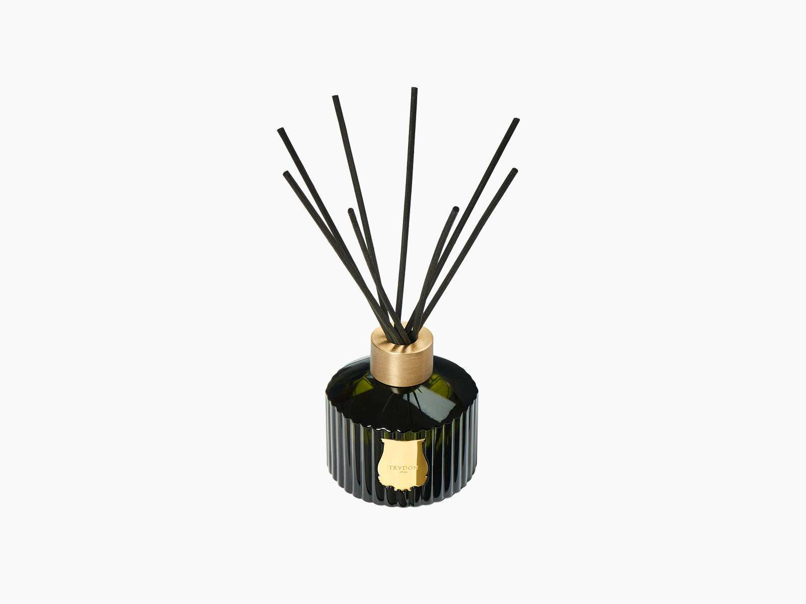Gabriel diffuser in dark green ribbed glass with black reeds and a gold emblem against a pale blue box