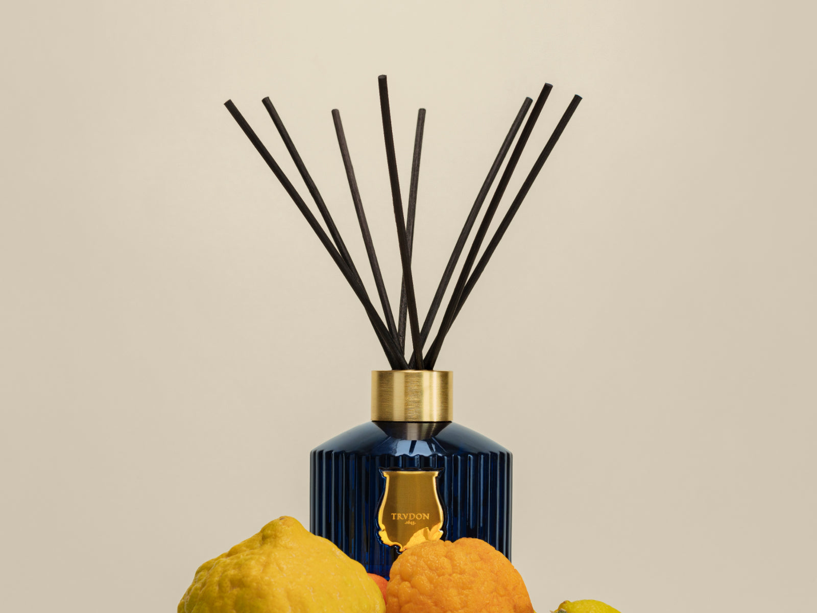 Reggio diffuser with blue ribbed bottle and gold label set beside lemons and oranges in the foreground.