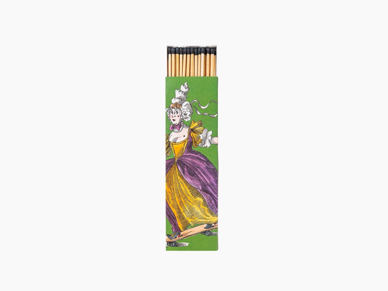 Scented Ernesto matches in a green illustrated box featuring a Rococo style woman in a yellow gown.